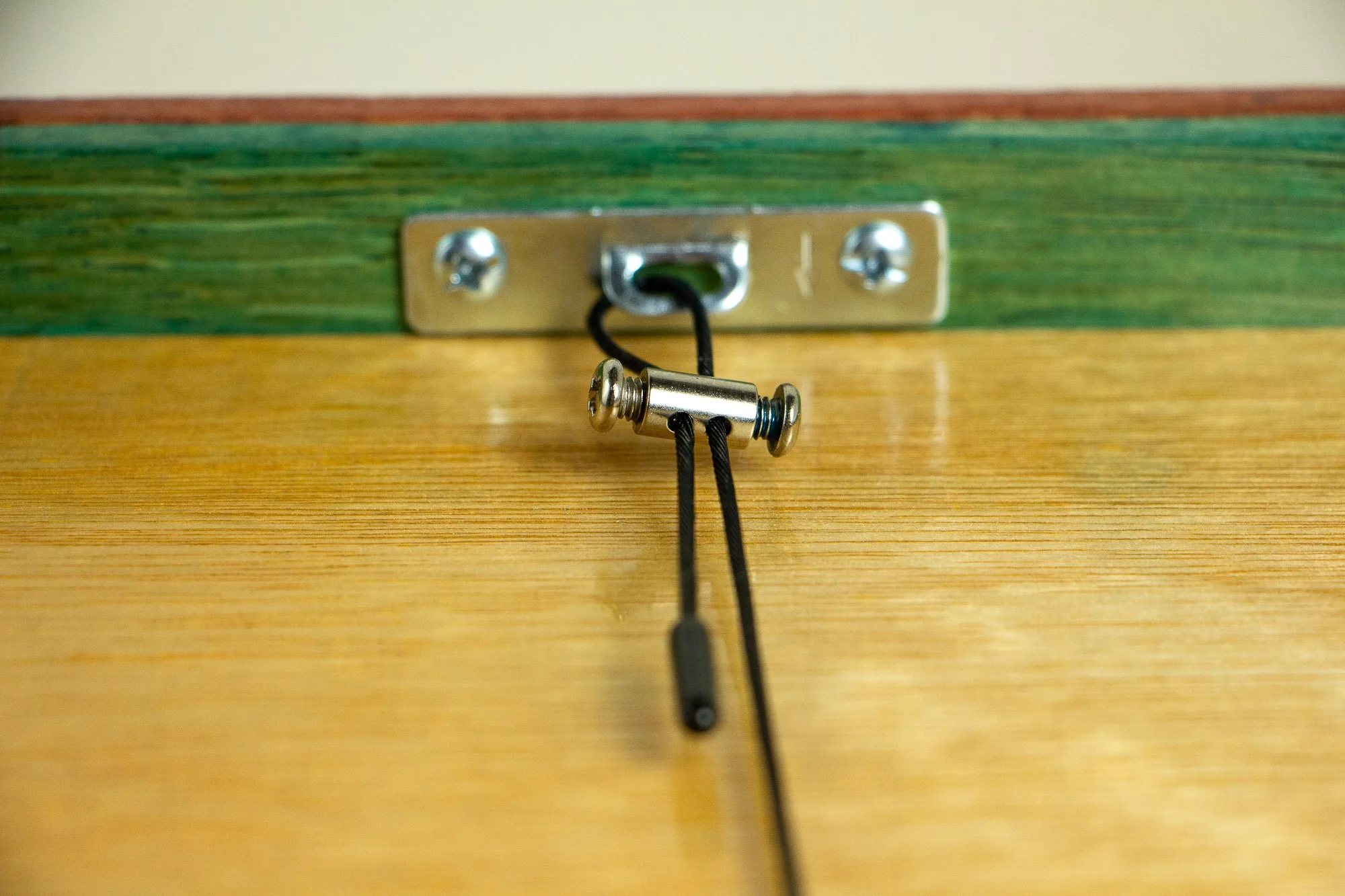 Unseen Signifiers 010 frame detail: close-up of the rear hanging system, showing the central metal wall mount plate, black cord, and tension bar set against the warm wood back panel and green-painted inner frame edge.