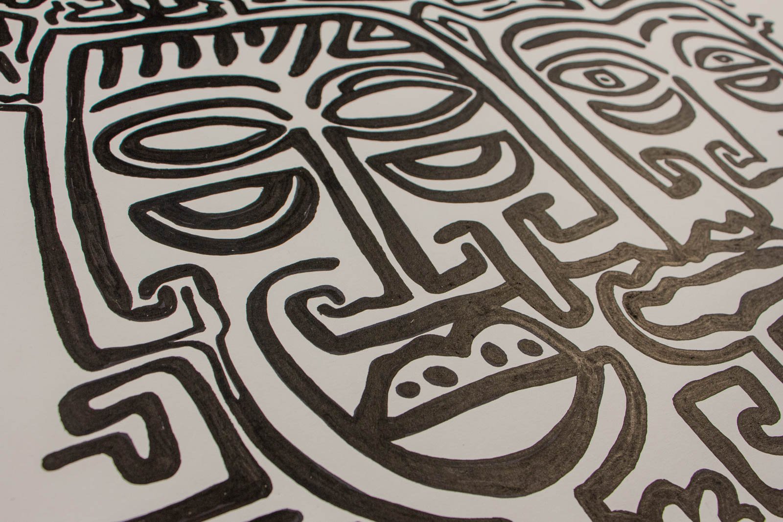 Formless Equation 003 detail: left mask-like face, layered linework around eyes and mouth, rich ink surface on paper