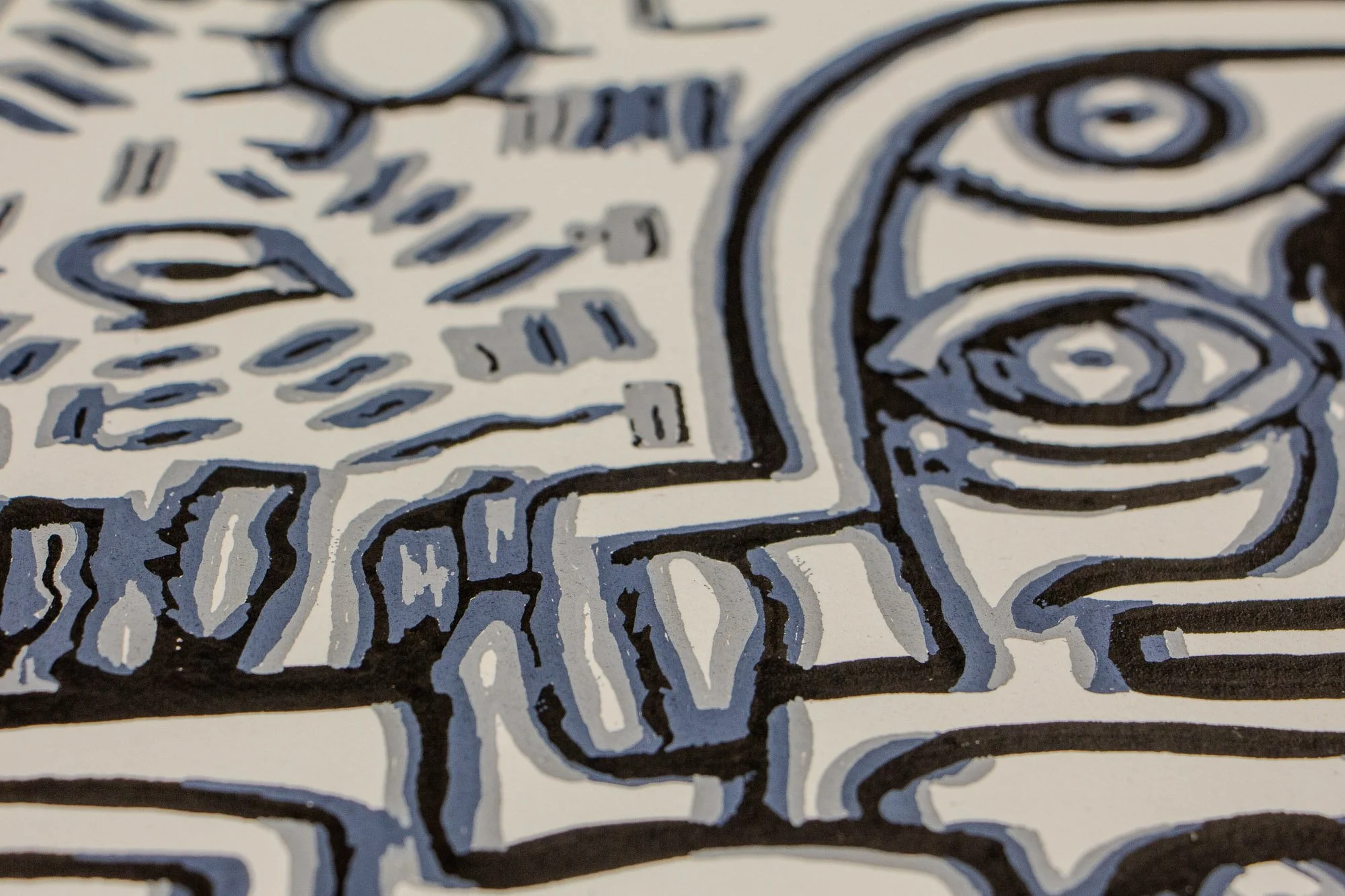 Luminous Parallax 003 detail: close-up of compact geometric fragments and eye-like cells, drawing attention to the layered shadow lines and clipped architectural forms.