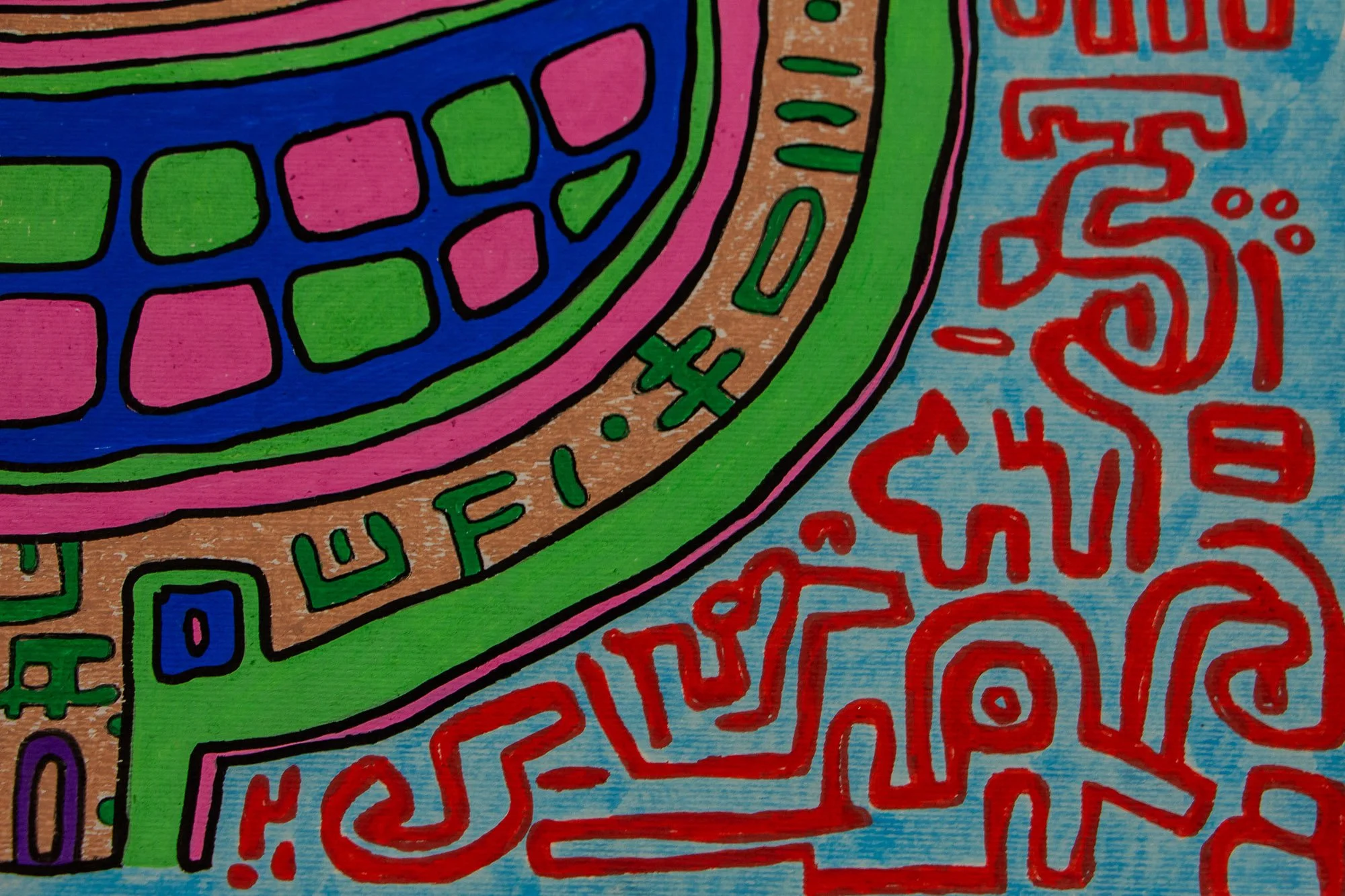Unseen Signifiers 008 detail: close-up of the right side of the mouth and surrounding border, with green symbols on the beige band and red markings flowing across the pale blue ground.