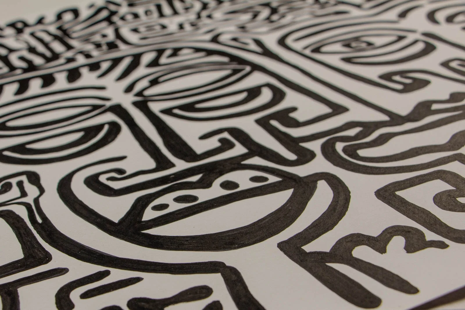 Formless Equation 003 detail: angled view of left face with dotted lip motif and curling contours, ink on paper