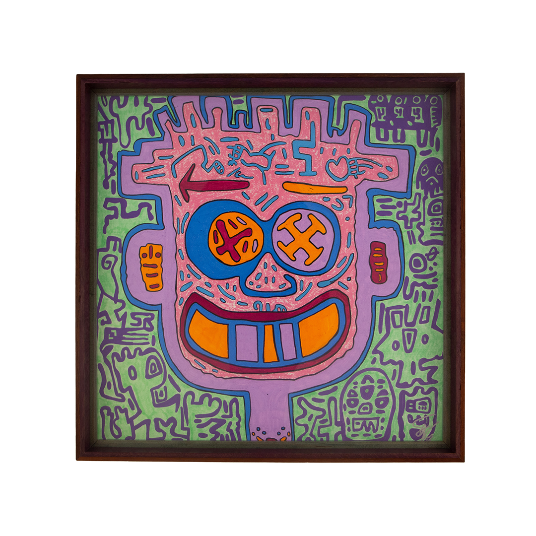 A playful expression comes forward first, yet the layered signs and facial shifts suggest vulnerability and tension moving underneath it. Unseen Signifiers: Artwork 005; framed colorful artwork featuring a pink face