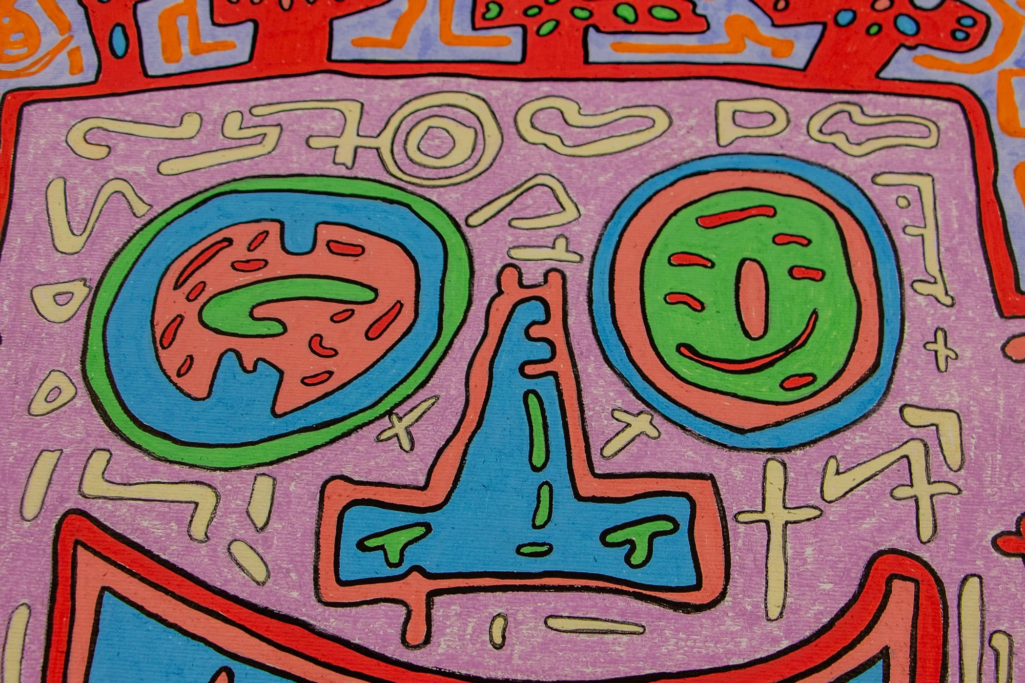 Unseen Signifiers 010 artwork detail: medium close-up of the face composition, centering the eyes and nose while revealing the surrounding pale signs and the broad red contour that frames the lavender head shape.