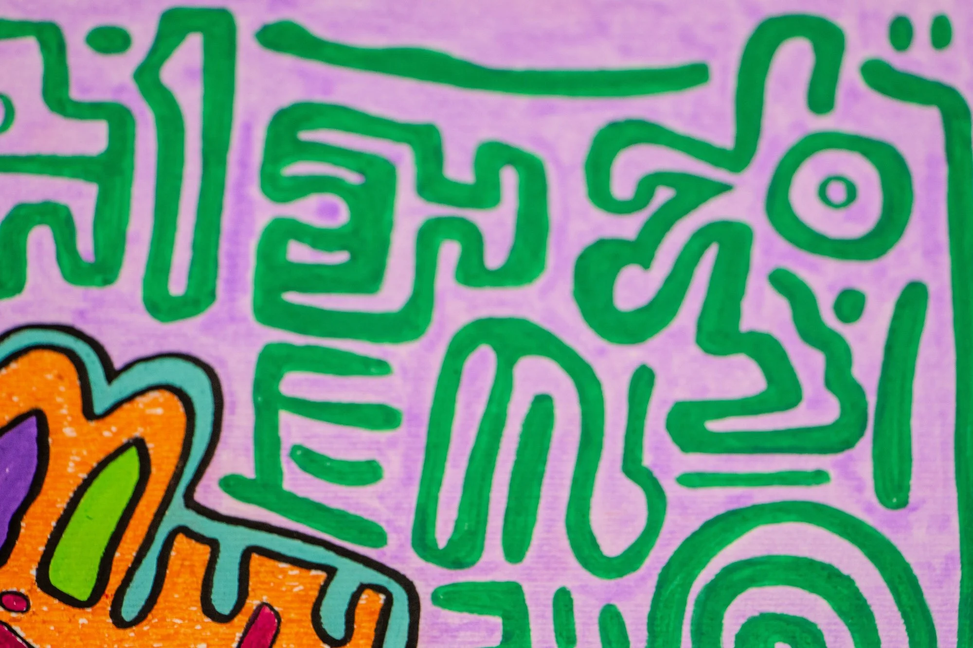 Unseen Signifiers 002 detail: dense cluster of green symbolic lines across the lilac background, with the edge of the orange form visible at left.