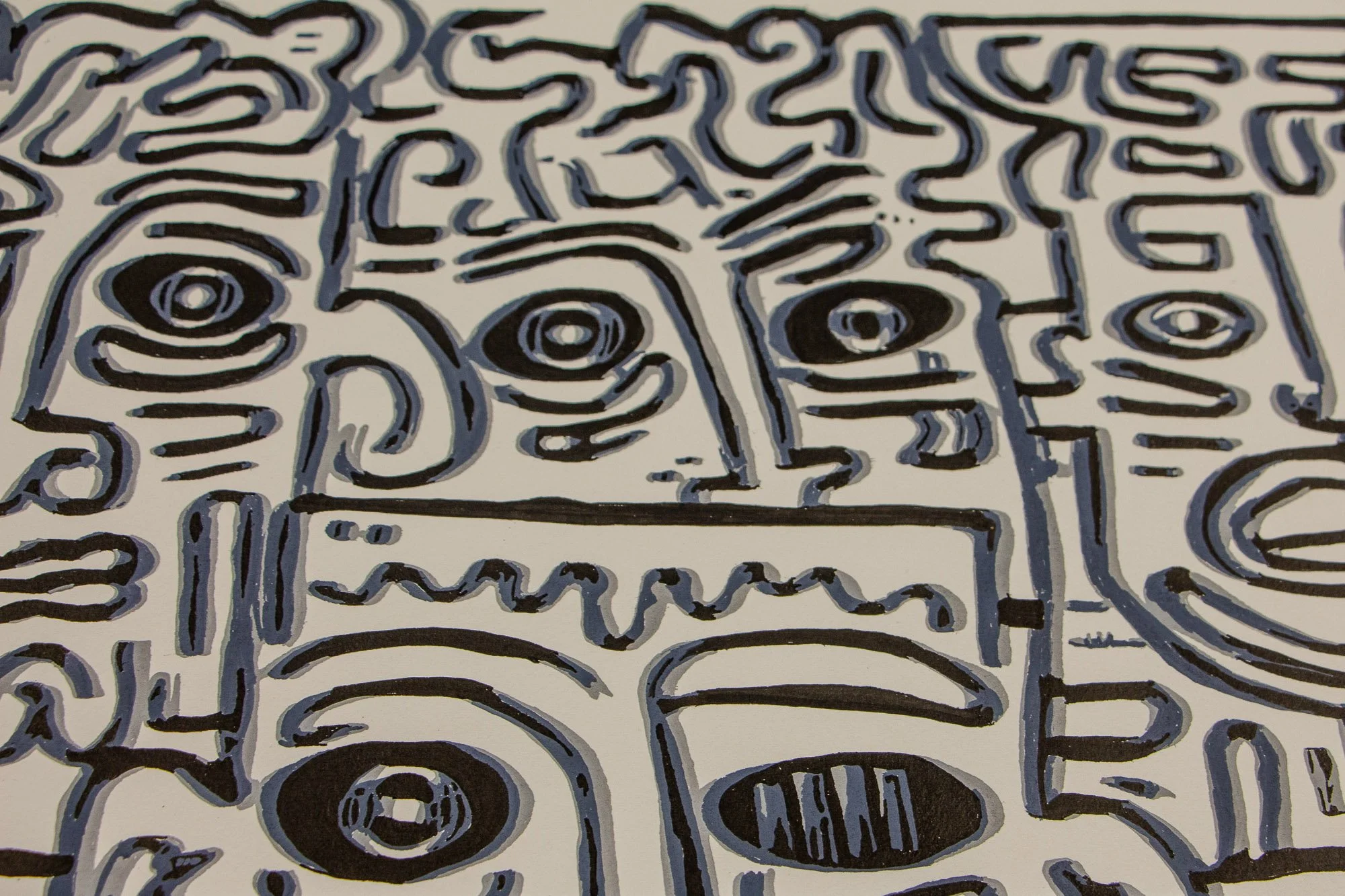 Luminous Parallax 001 detail: frontal close-up of overlapping black and grey faces, with clustered eyes and shifting expressions that make the image read as multiple figures at once.