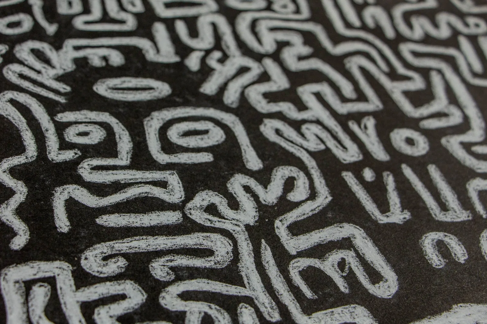 Synaptic Mythos 002 detail: tight maze of S-curves and loops; open ovals punctuate the field; powdery, layered stroke texture