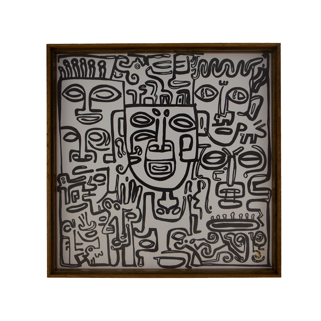 A central face holds the image together, while surrounding figures suggest an inner conversation in which severity gradually begins to loosen. Veiled Alchemist: Artwork 002; framed monochrome artwork on paper