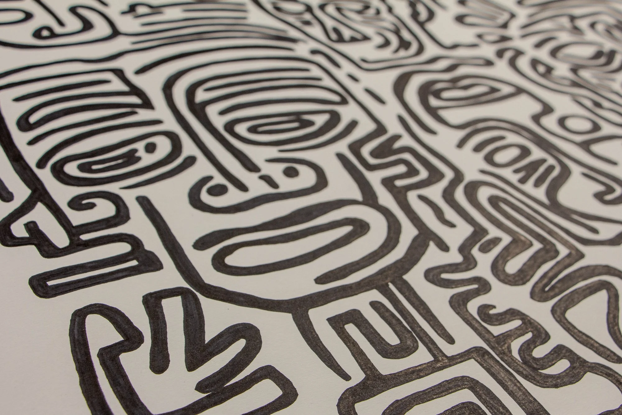 Mêlée of Discovery 002 detail: oblique close-up centered on an elongated face, where firm black lines carve out expression, structure, and movement within the dense network of surrounding forms.