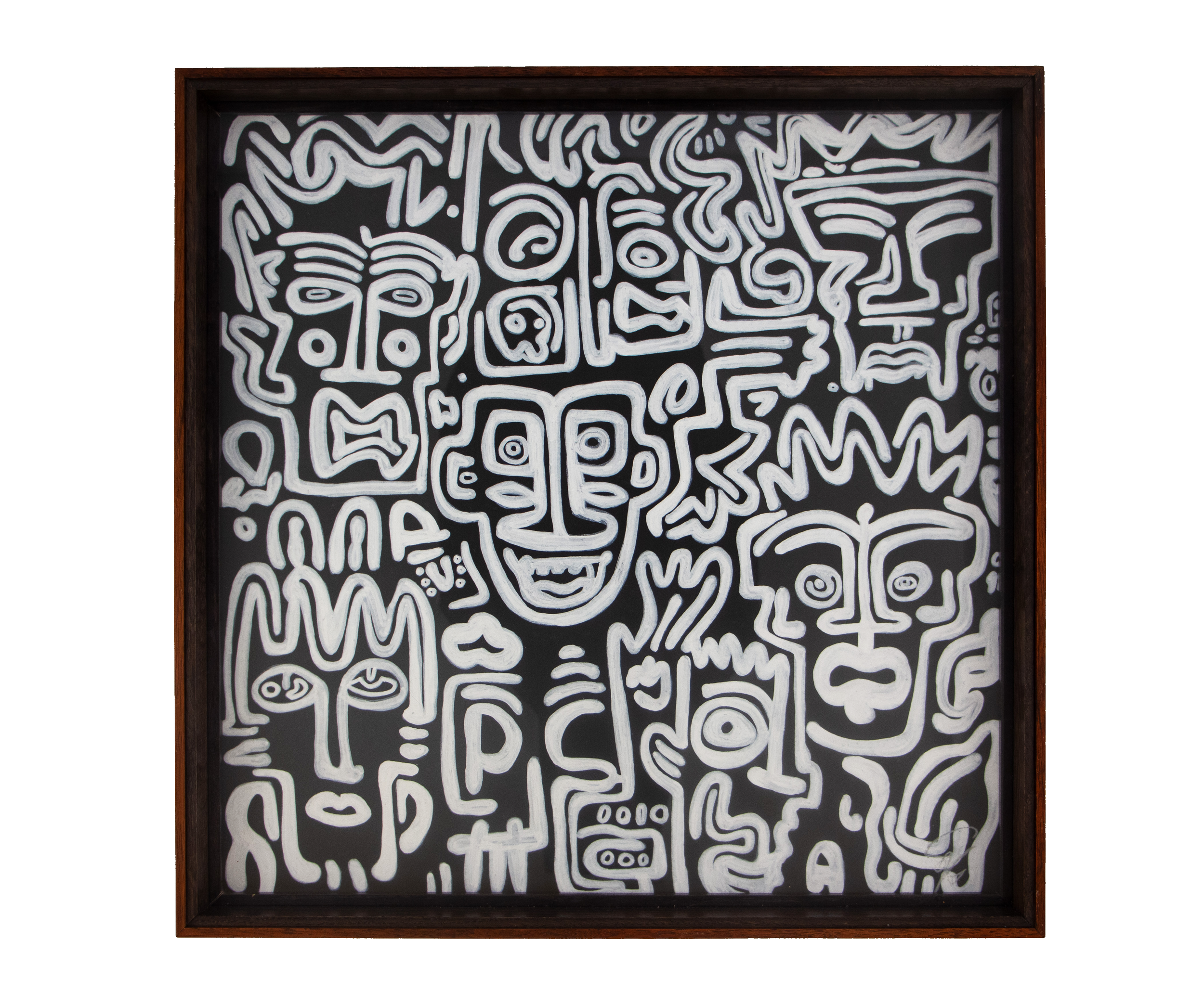 A central face with spiral eyes and open mouth sits among white-lined faces and symbols. Turbulent Aegis 001; white linework on dark wood; warm layered wooden frame.