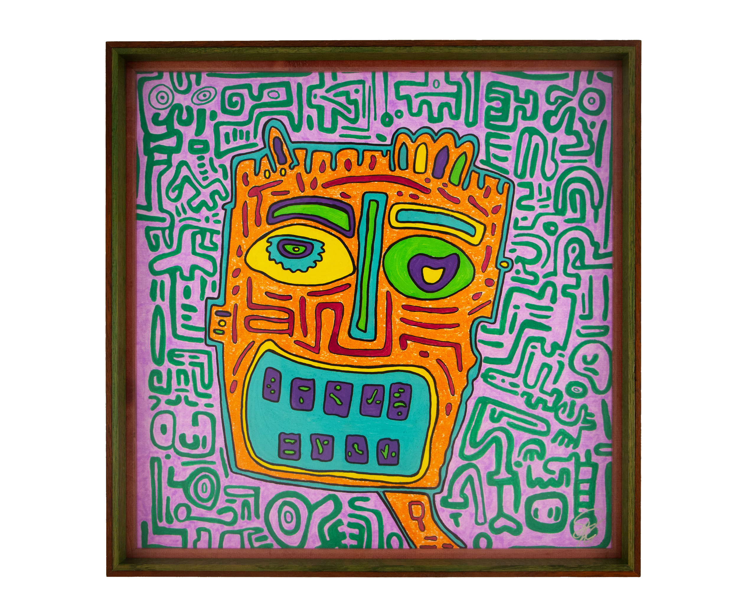 An orange face with a single yellow eye, purple-aqua forms, and magenta markings. Unseen Signifiers 002; colorful composition; layered wooden frame.