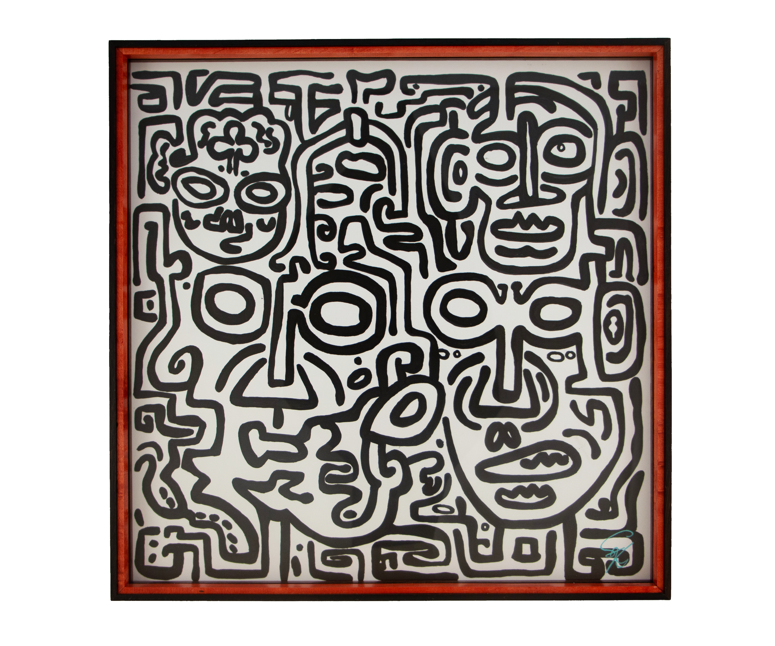 Clarity reveals itself by looking closely at complexity. Formless Equation: 002; ink on paper; oak frame with a wengé edge; mint & red.