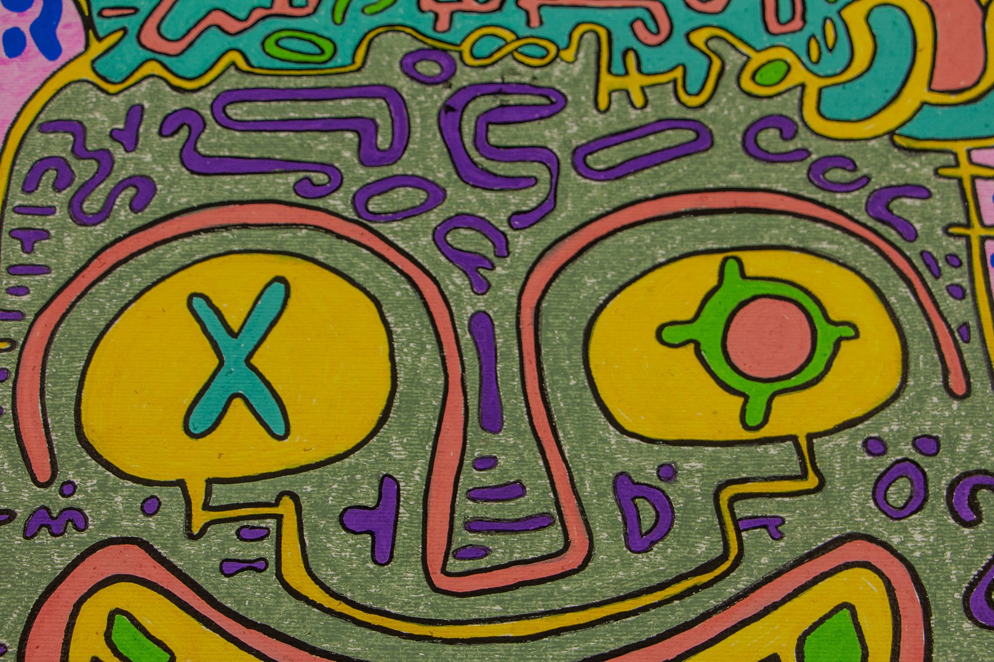 Unseen Signifiers 007 detail: close-up of the upper face area, focusing on the two yellow eyes with turquoise and green symbols and the surrounding purple linear marks.