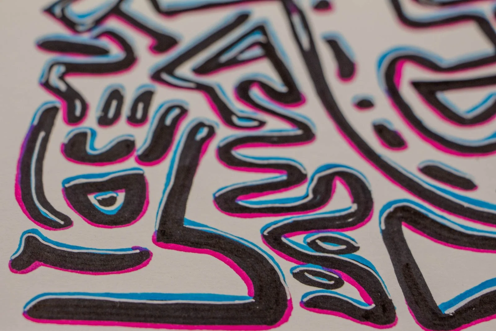 Silence’s Caesura 002 detail: corner vignette, small hand-shaped glyph and curling paths; black contour hugged by light-blue and pink echoes