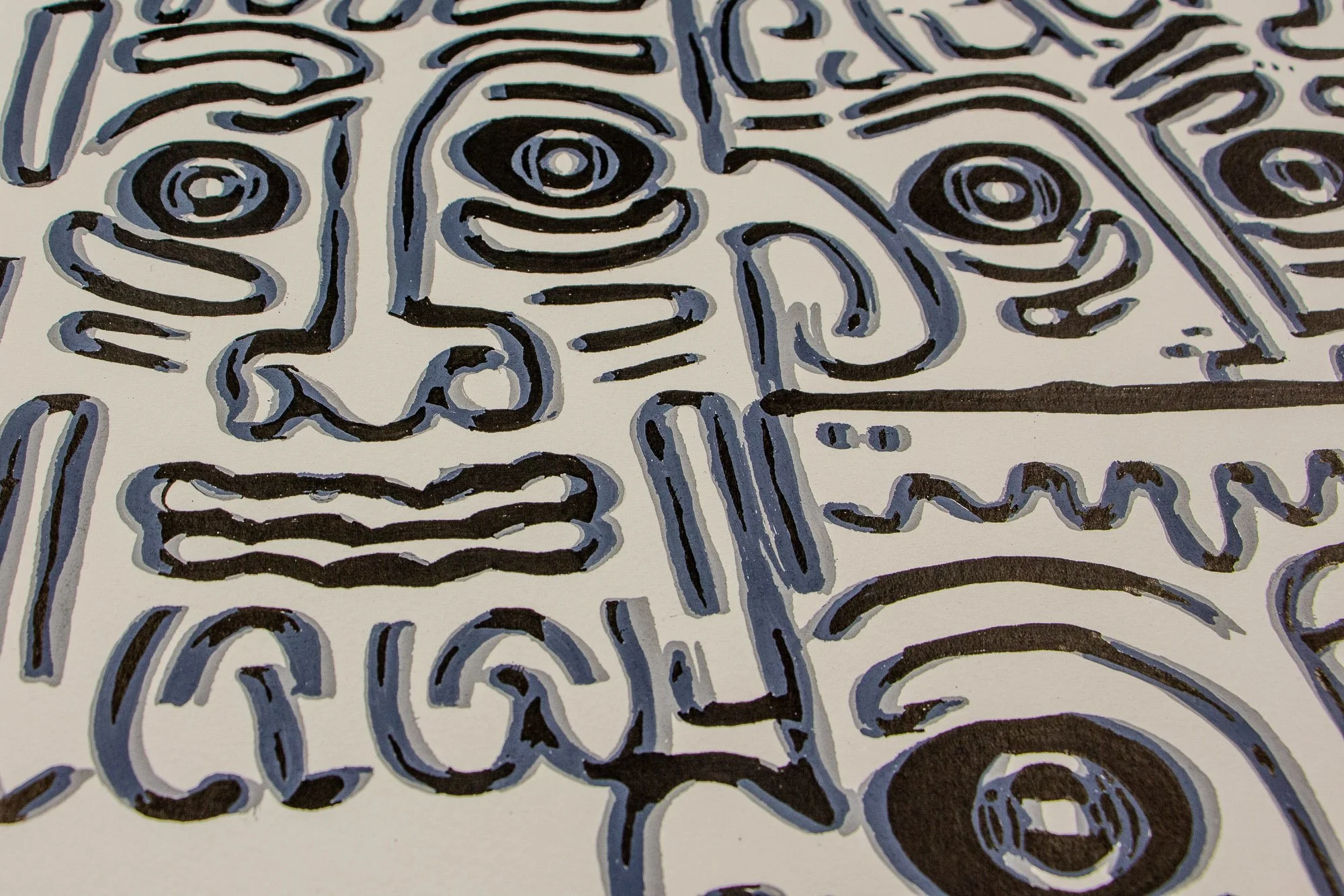 Luminous Parallax 001 detail: oblique close-up of the right side of the composition, with a small eye, angular facial forms, and looping black-and-grey lines fading toward the background.