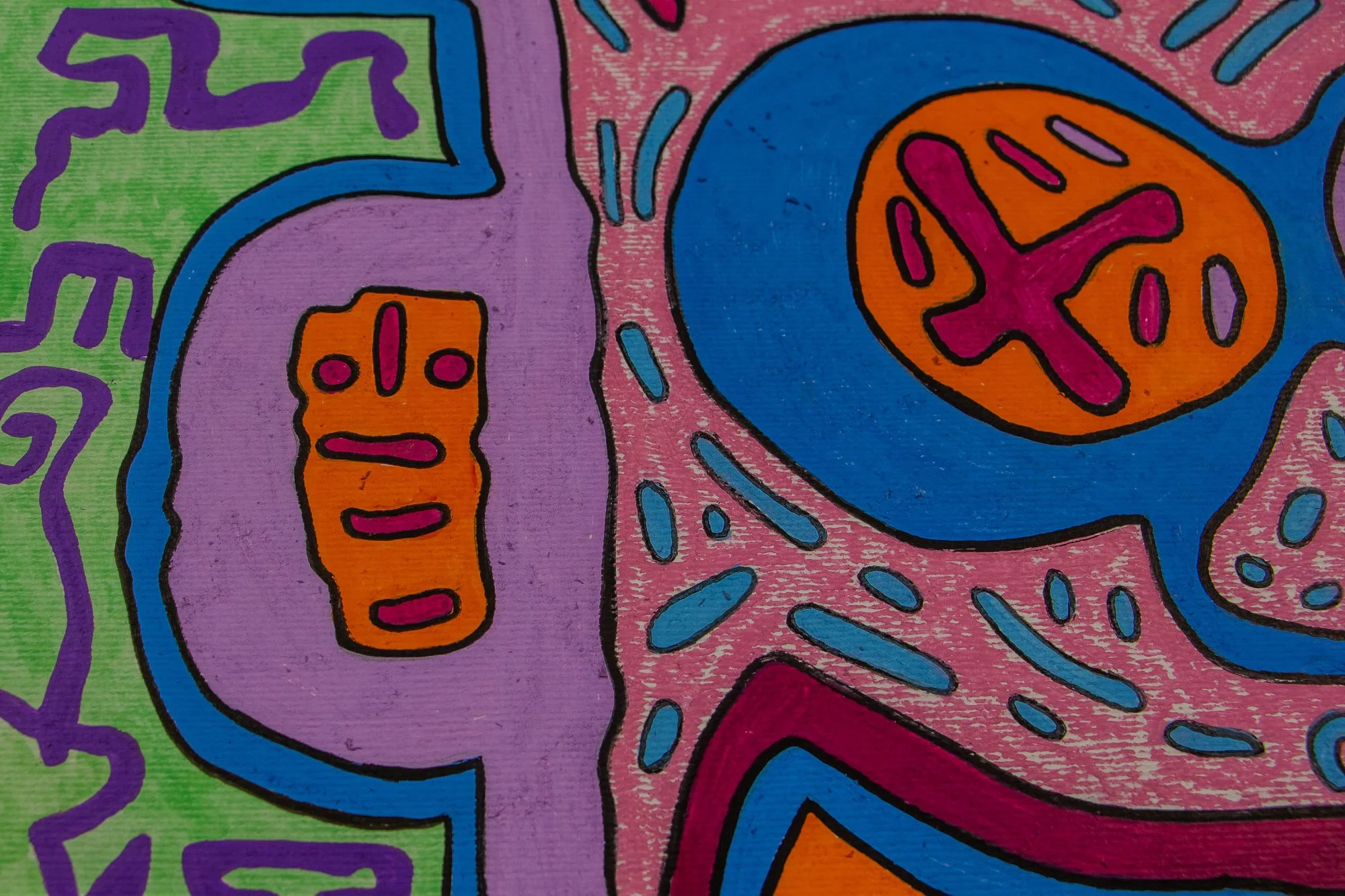 Unseen Signifiers 005 detail: left-side close-up of the face, showing the orange vertical totem-like form beside the blue-rimmed eye and surrounding pink and lilac contours.