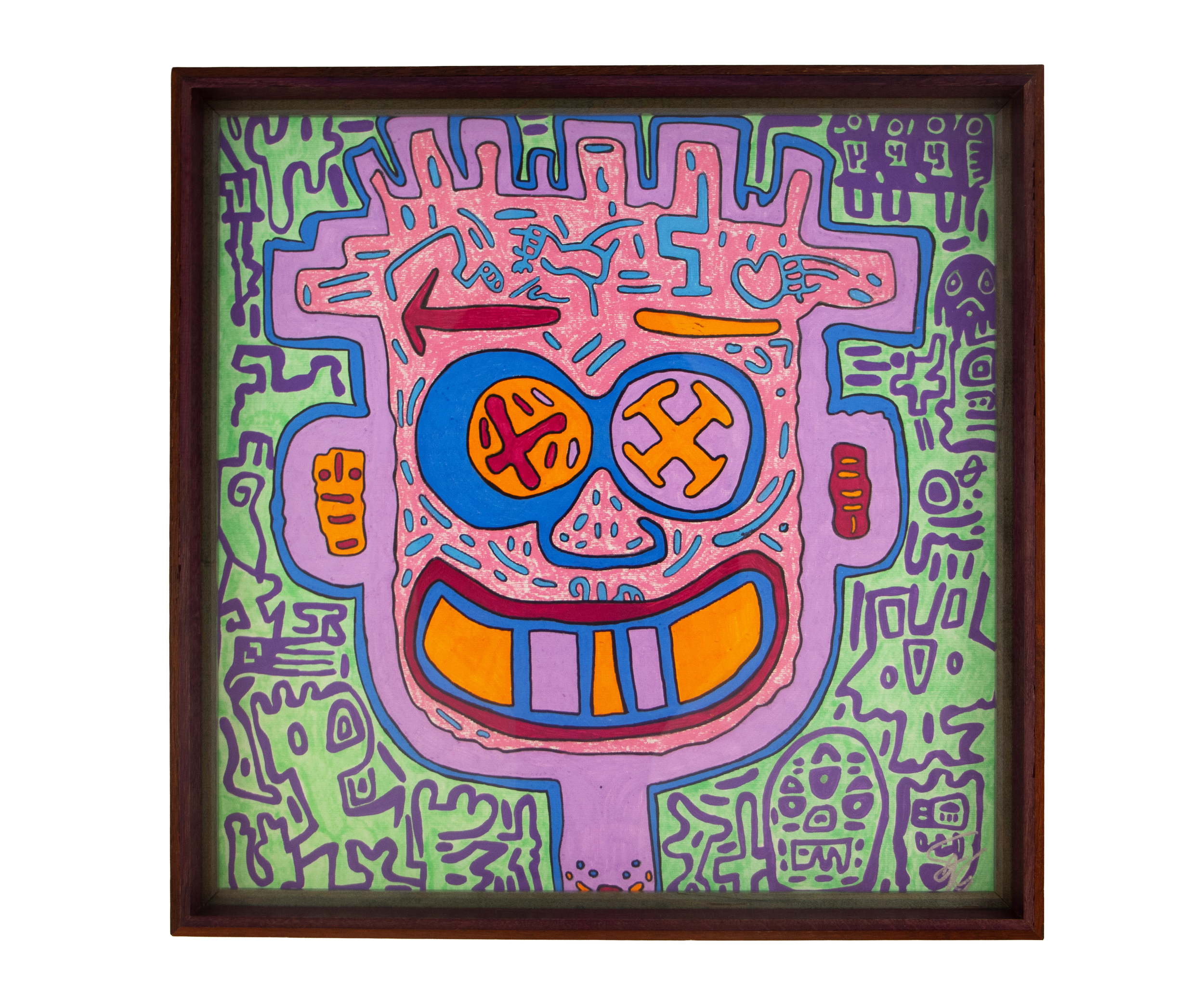 A pink face with blue eyes and nose, framed by a broad orange-and-lilac grin. Unseen Signifiers 005; colorful composition; layered wooden frame.