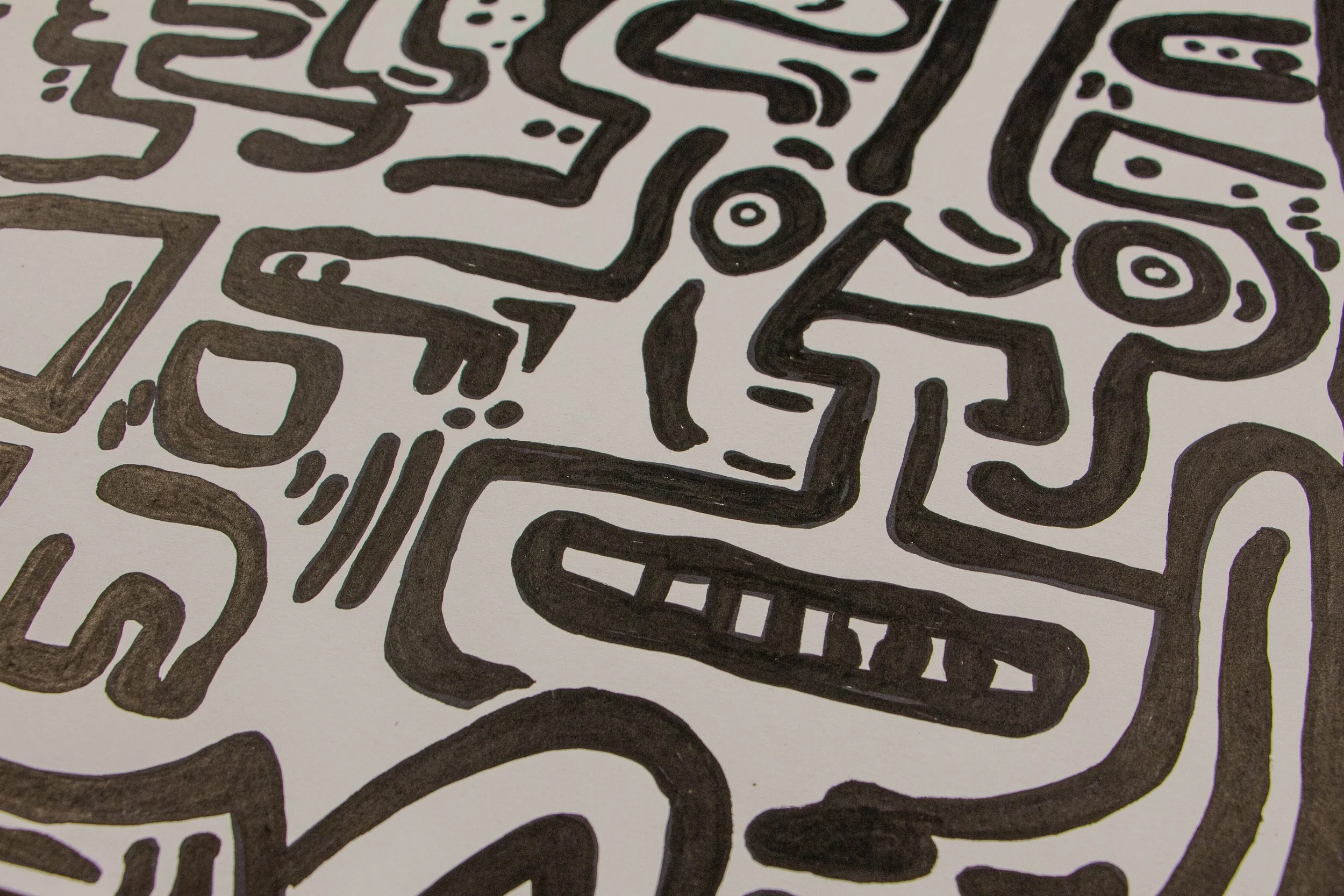 Formless Equation 001 detail: horizontal mouth with blocky teeth in a flowing facial network, thick black ink on paper