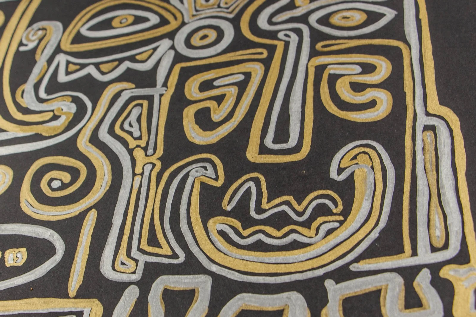 Golden Nostalgia 004 detail: pedestal glyph, mini totem under broad grin; crisp gold/silver layering