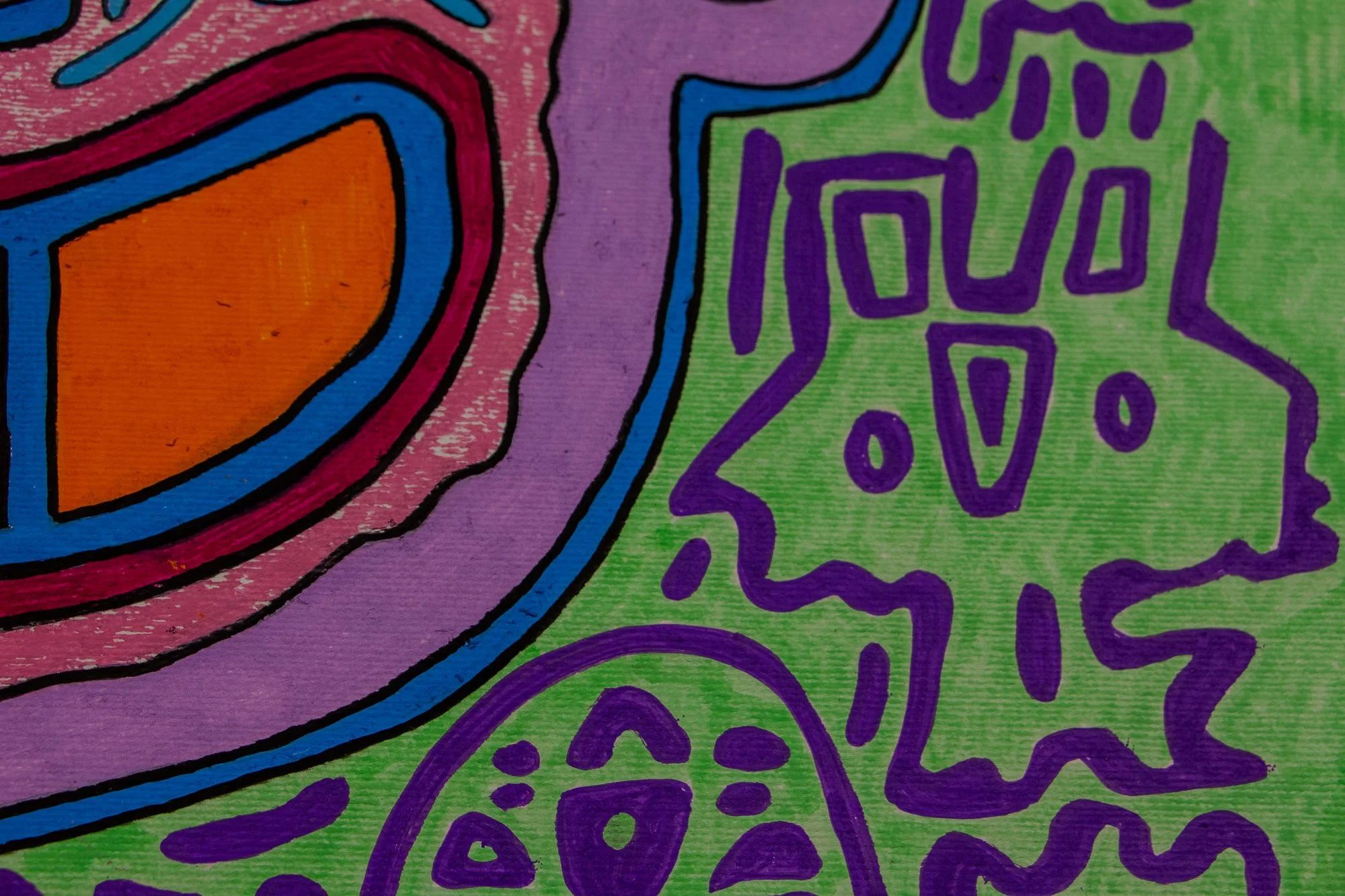 Unseen Signifiers 005 detail: lower-right close-up showing purple abstract symbols and mask-like forms along the green outer field beside the mouth and jaw contour.