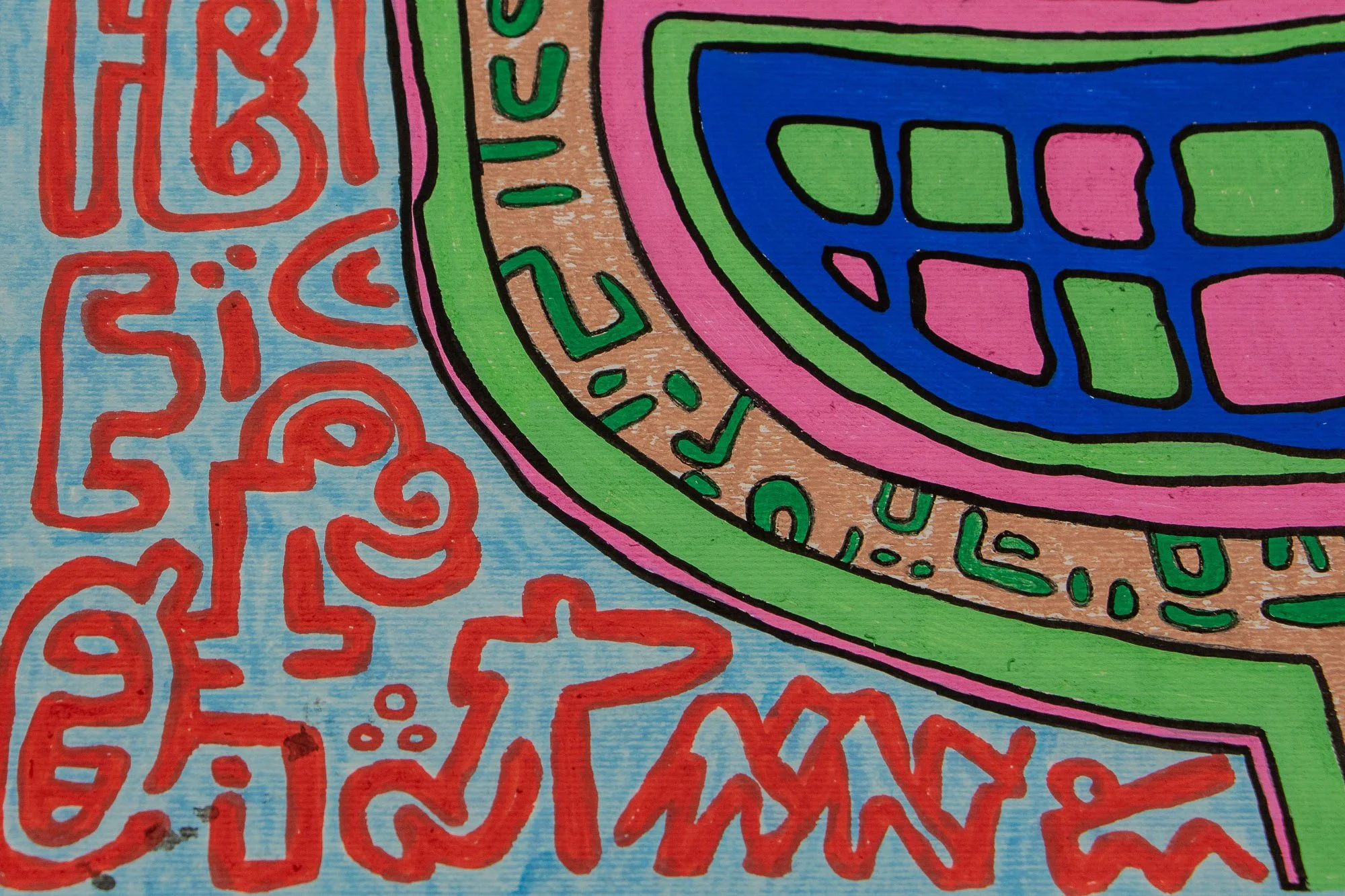 Unseen Signifiers 008 detail: close-up of the left side of the smiling mouth motif, showing blue, pink, and green forms against the pale blue ground with red symbolic linework.