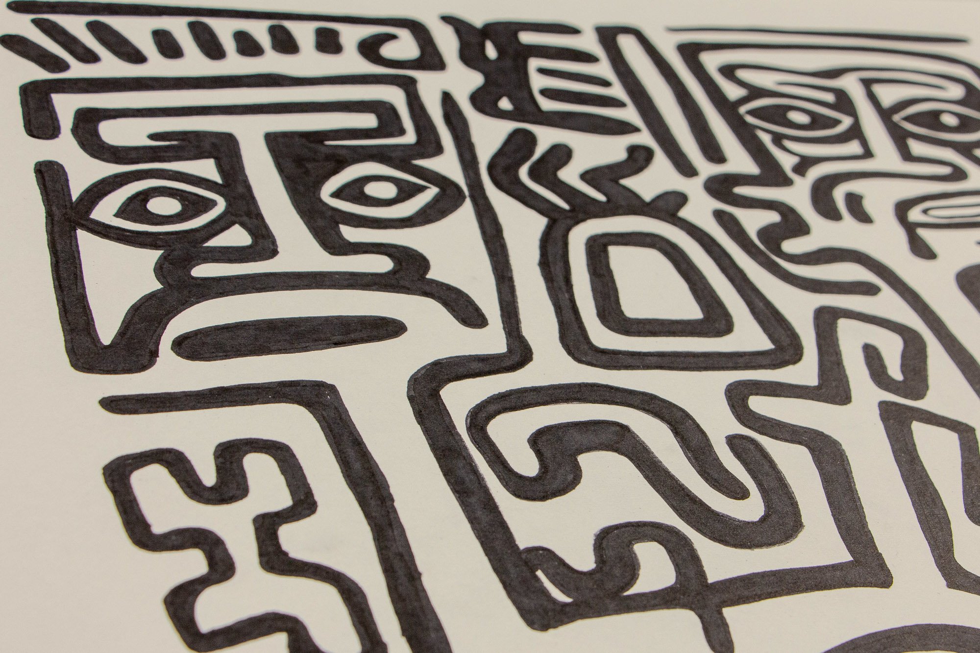 Resonant Syntax 004 detail: angled section with a squared face, almond eyes, and a broad horizontal mouth, bordered by adjacent geometric and curving forms in dense black contours