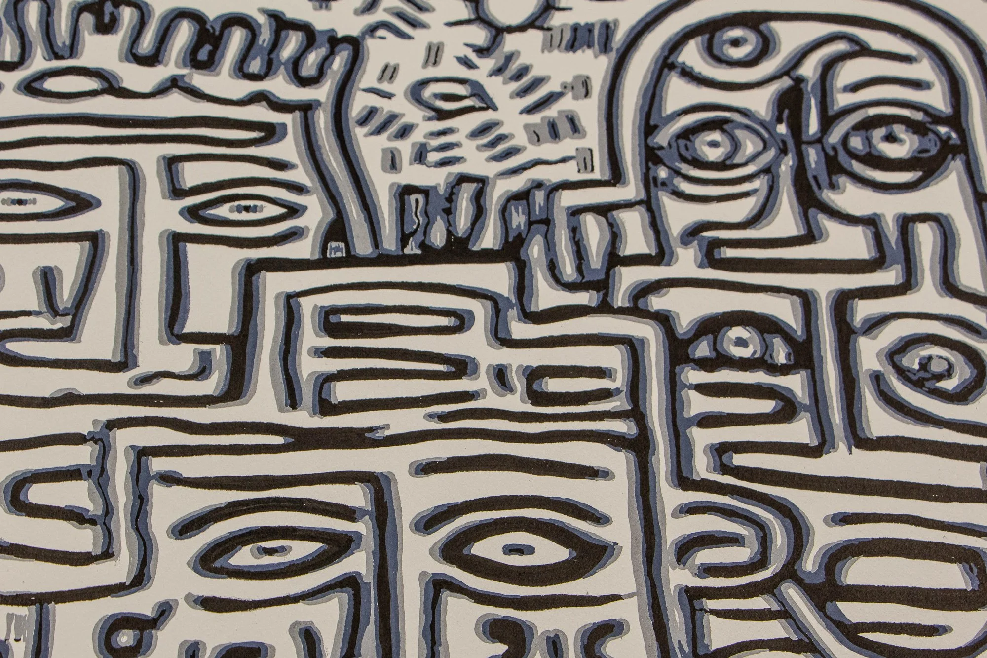 Luminous Parallax 003 detail: close-up of interlocking black-and-grey faces and linear forms, where a calm lower face, a radiant field, and a hooded figure appear within the same shifting structure.