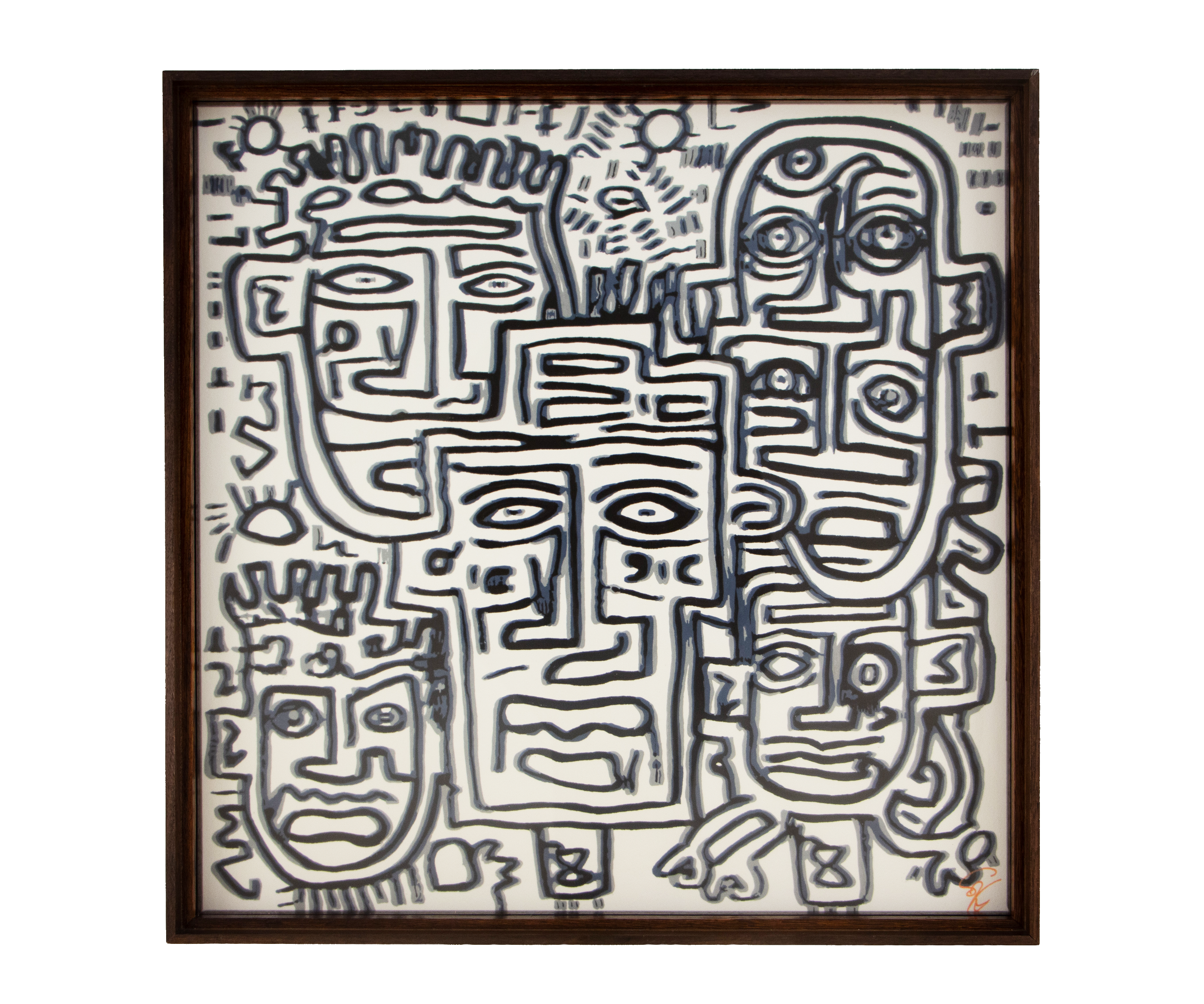 Luminous Parallax 004; black-and-grey drawing on white paper; layered wooden frame with dark bands and a richly figured warm-toned inner section