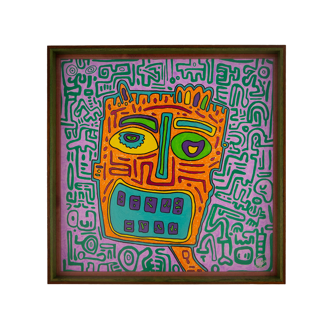 This face feels charged and unstable, as if surprise, disorientation, and inner friction are all pressing through the same expression. Unseen Signifiers: Artwork 002; framed colorful artwork featuring an orange face