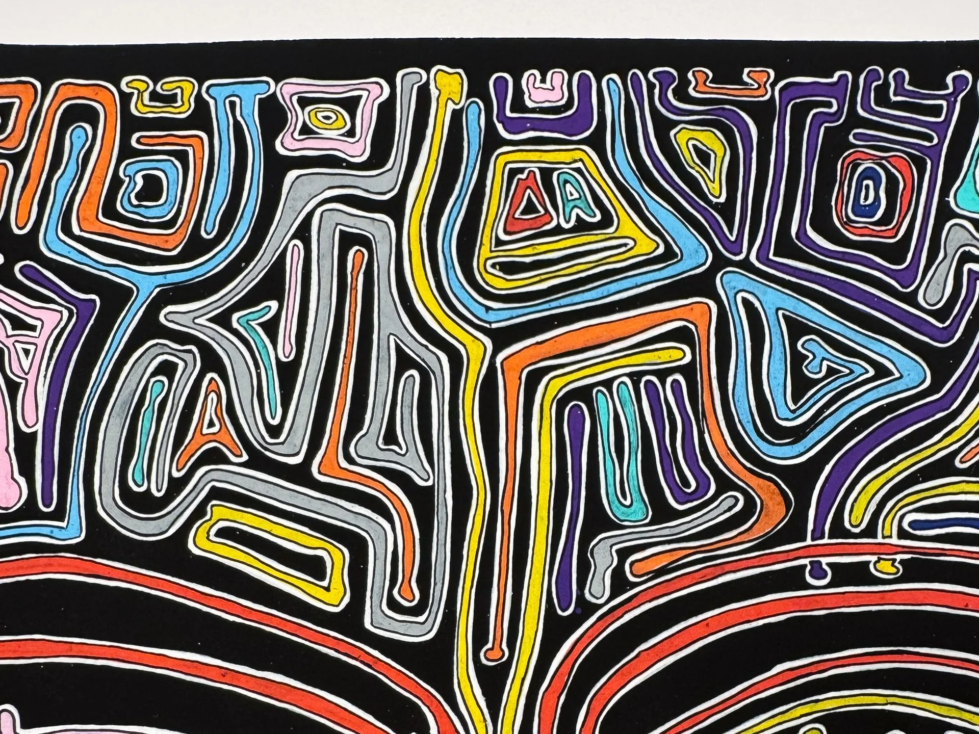 Detail of the upper section above the face, with interwoven geometric and maze-like symbols in grey, orange, yellow, blue, violet, pink, and red, flowing across a black background above the arched brows.