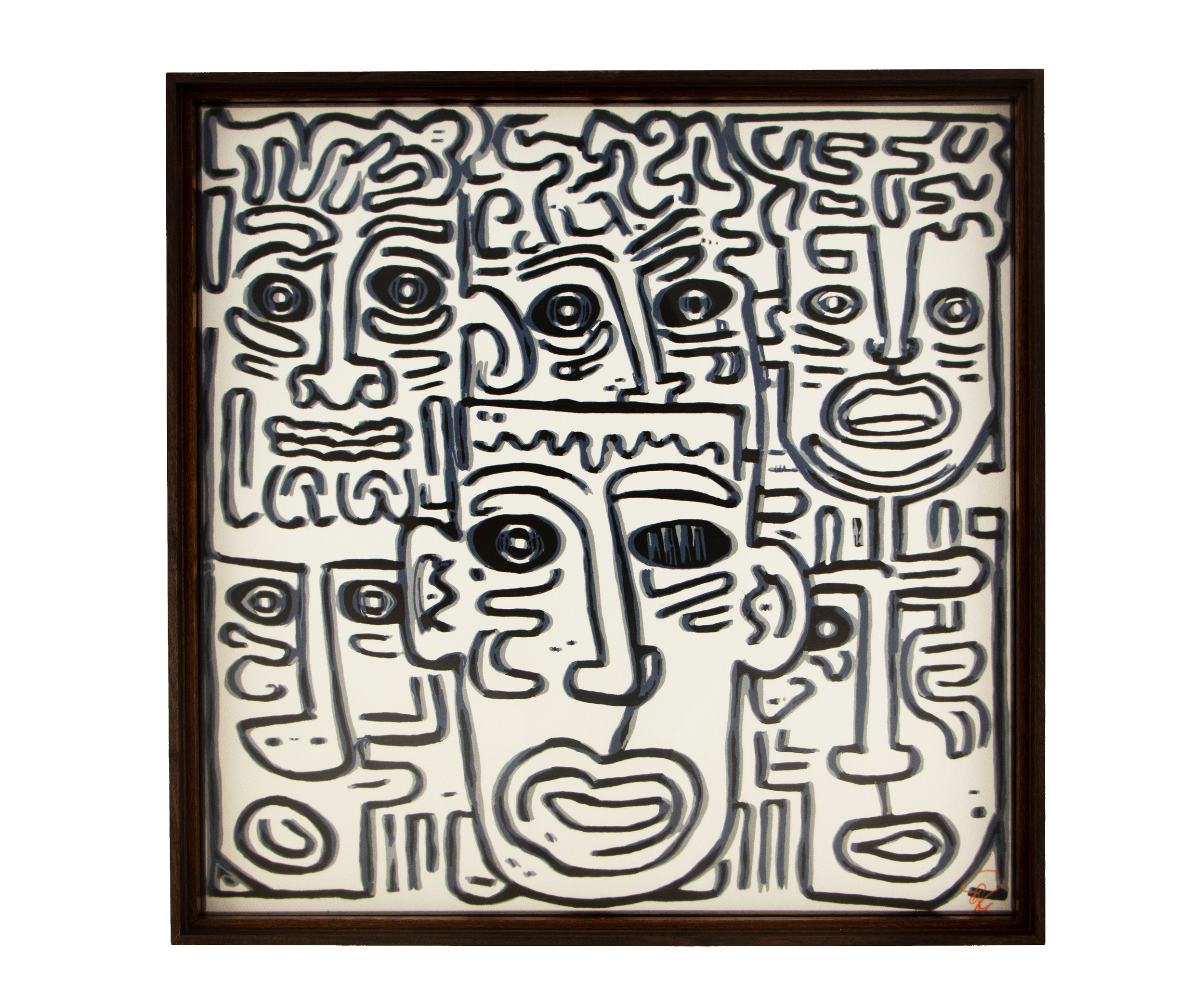 Parallax 001; black-and-grey drawing on white paper; layered wooden frame with dark outer bands and a warm figured inner accent.