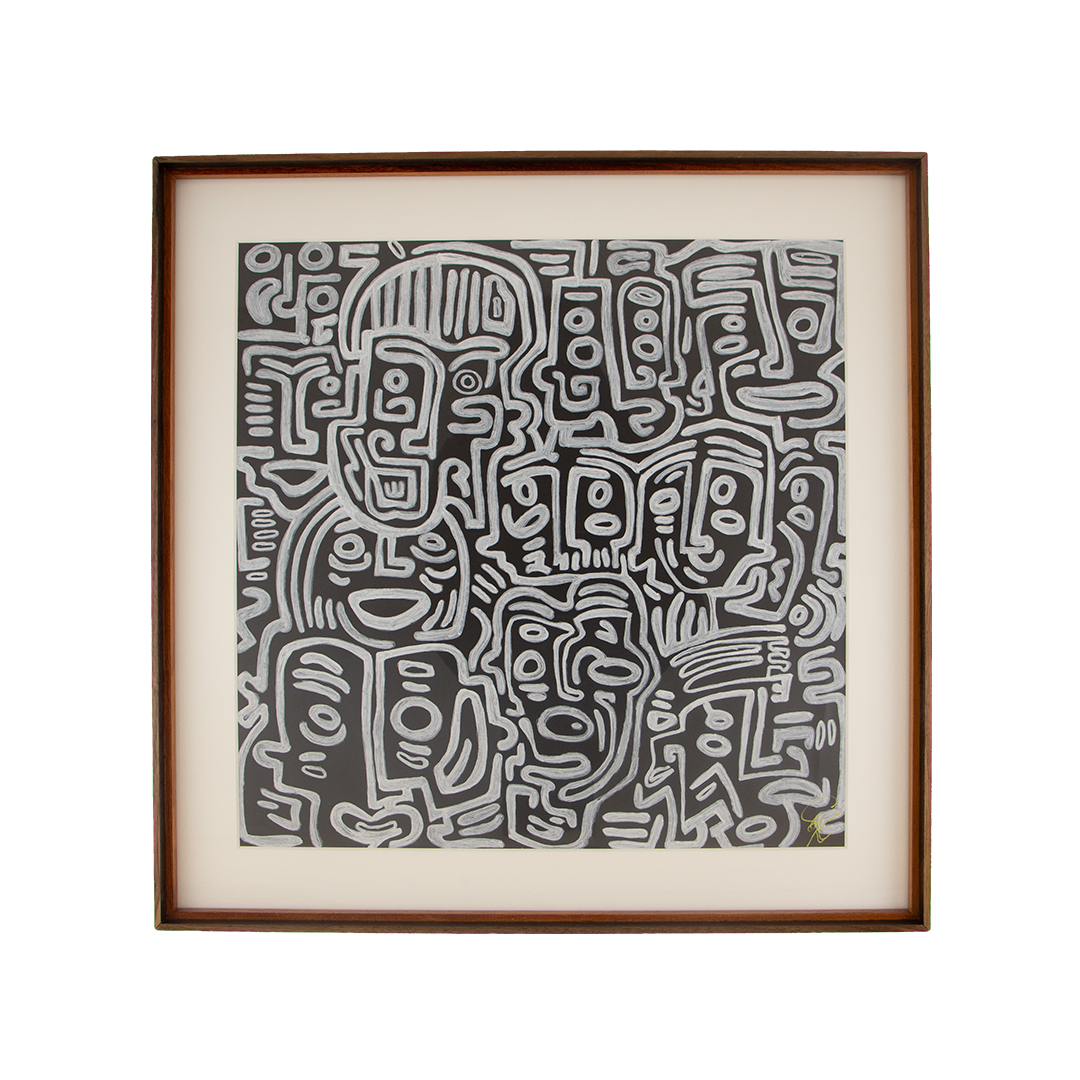 A dense field of faces and signs turns inner opposition into a shifting structure that begins to reveal its own pattern. Mêlée of Discovery: Artwork 001; framed monochrome artwork on paper
