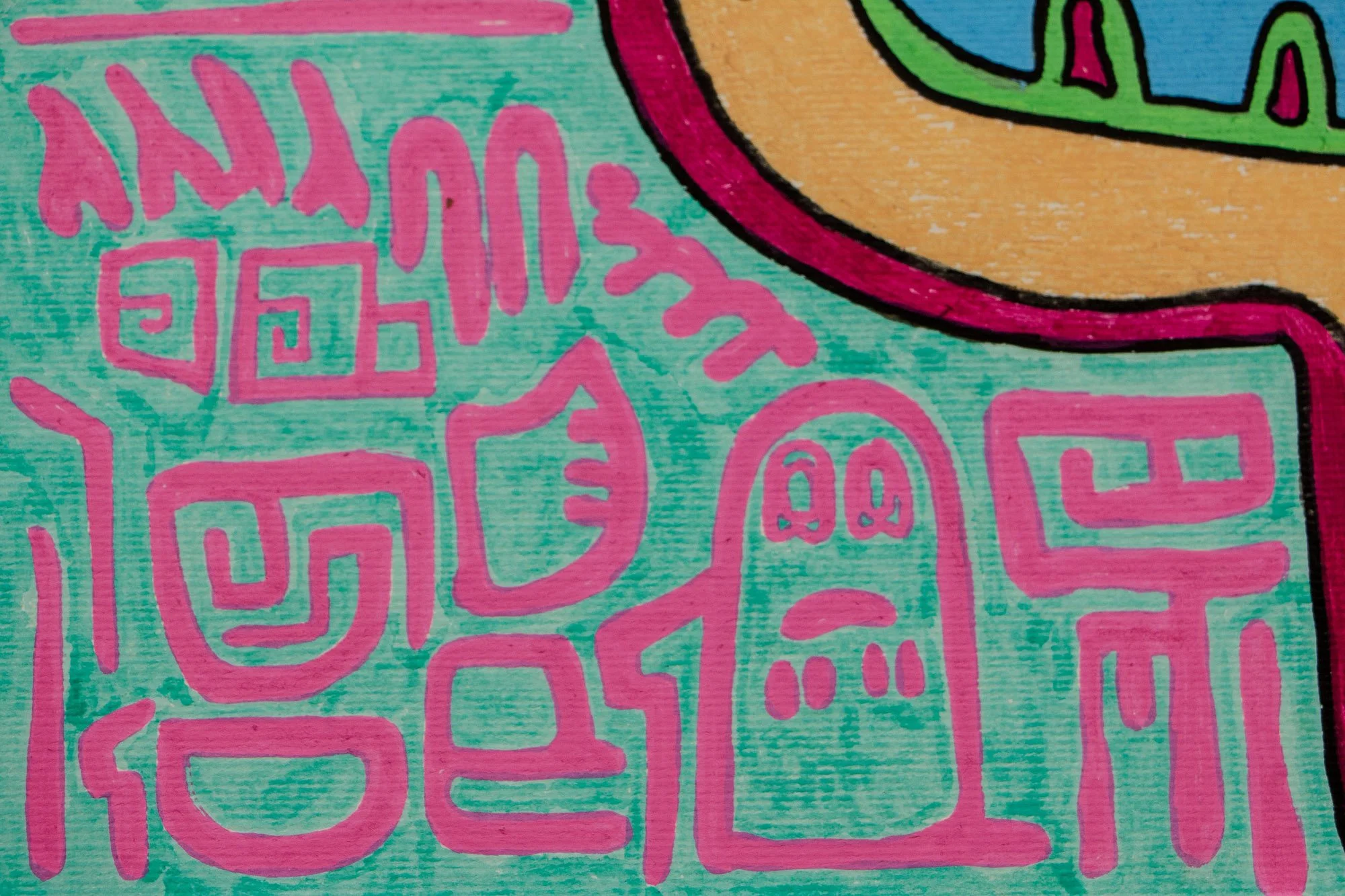 Unseen Signifiers 004 detail: left-side background detail with pink symbolic linework on turquoise, including a small ghost-like figure beside the magenta outline of the face.