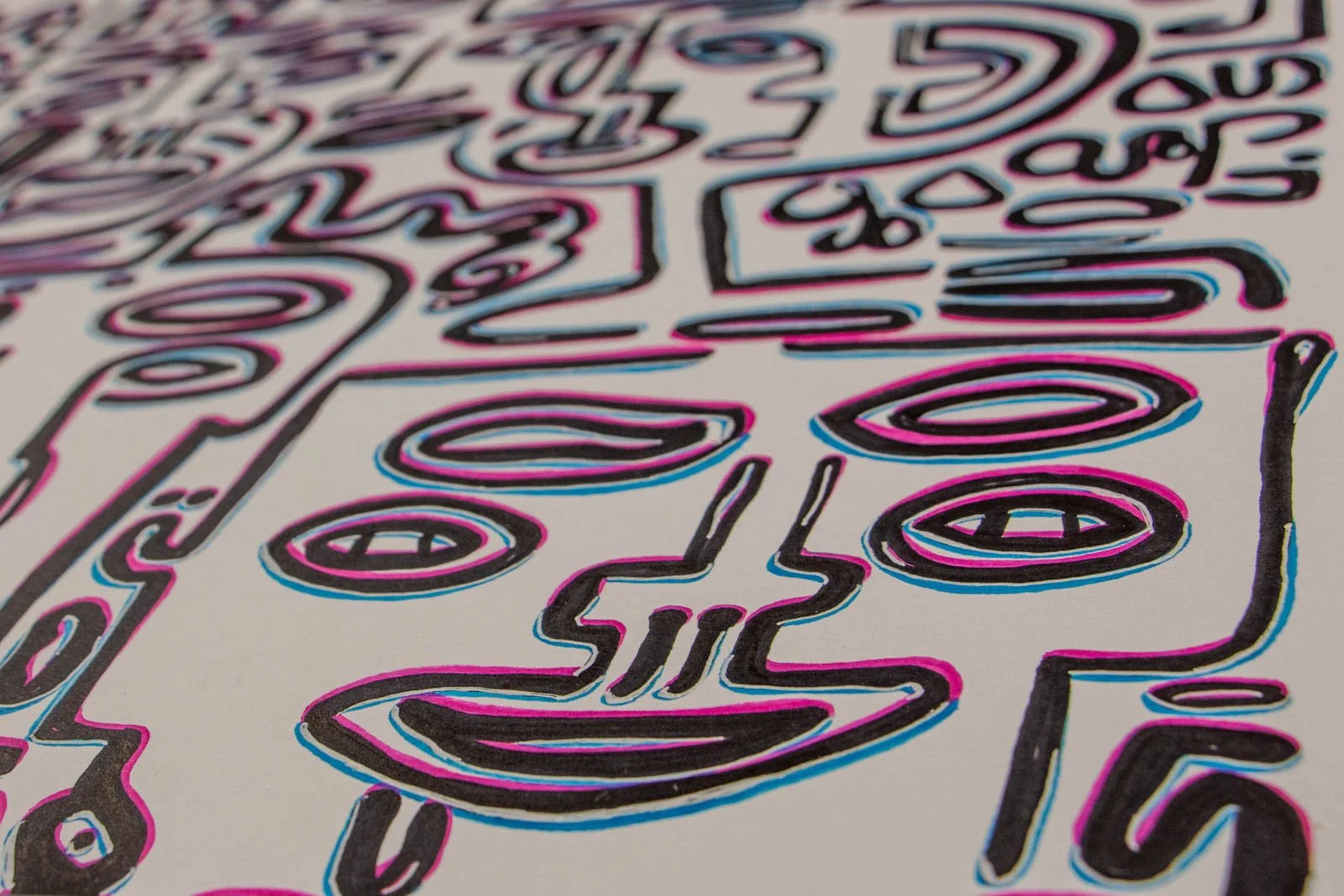 Silence’s Caesura 002 detail: low-angle plane, stacked oval eyes and a wide bar-smile; bold black ink with light-blue and pink offsets, paper grain visible