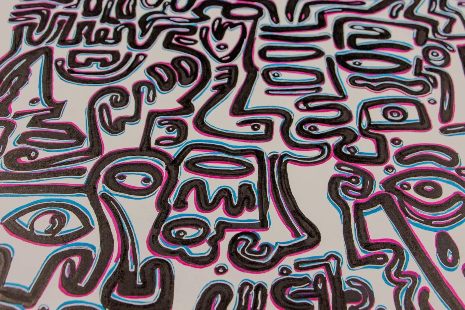 Silence’s Caesura 003 detail: dense labyrinth of lines around a square “mask” shape; oval eyes; small dot accents; cyan and magenta halo along the black stroke