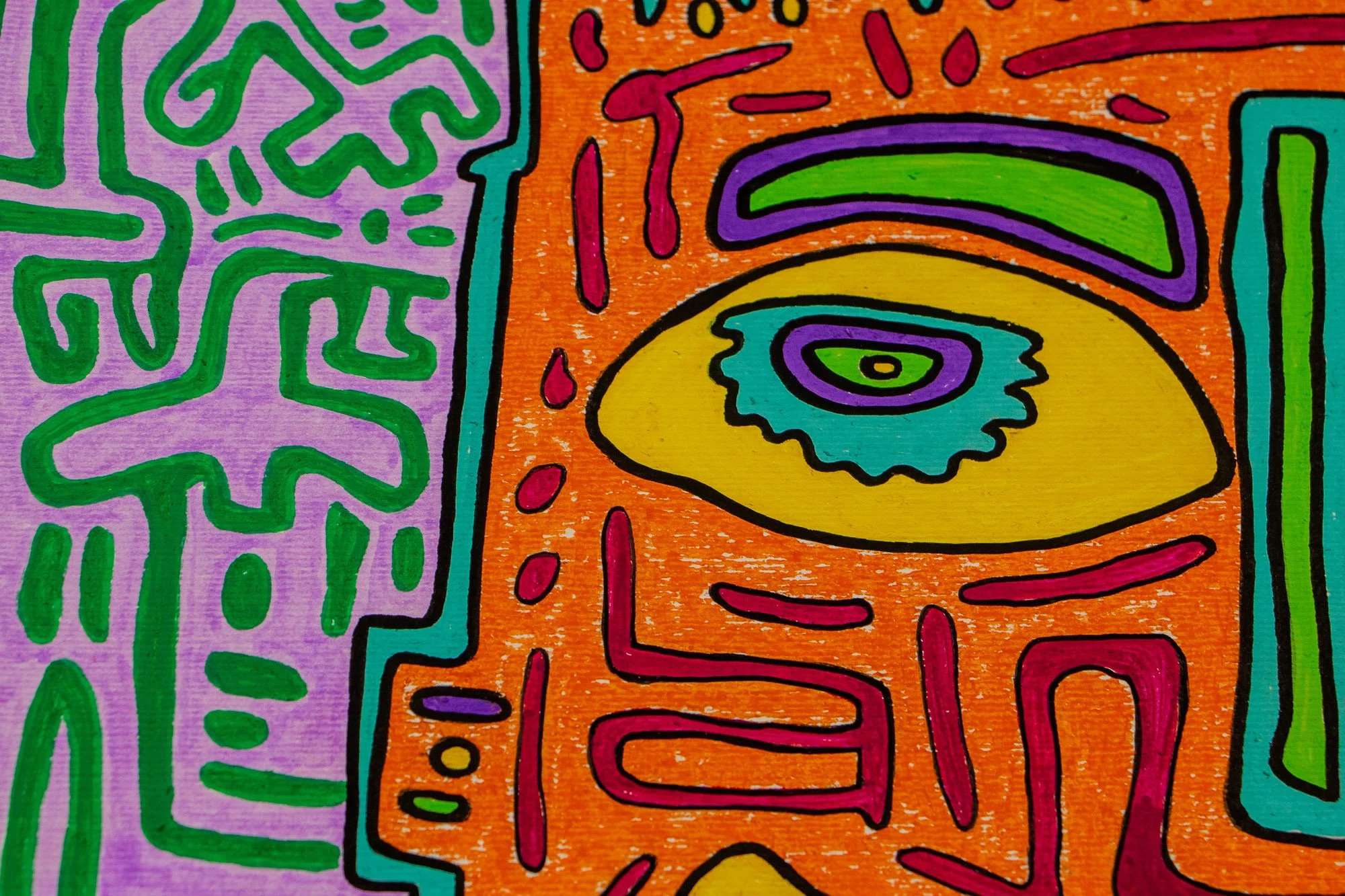 Unseen Signifiers 002 detail: partial view of the composition showing the orange face with its central eye, magenta accents, and the adjacent lilac field filled with green symbolic forms.