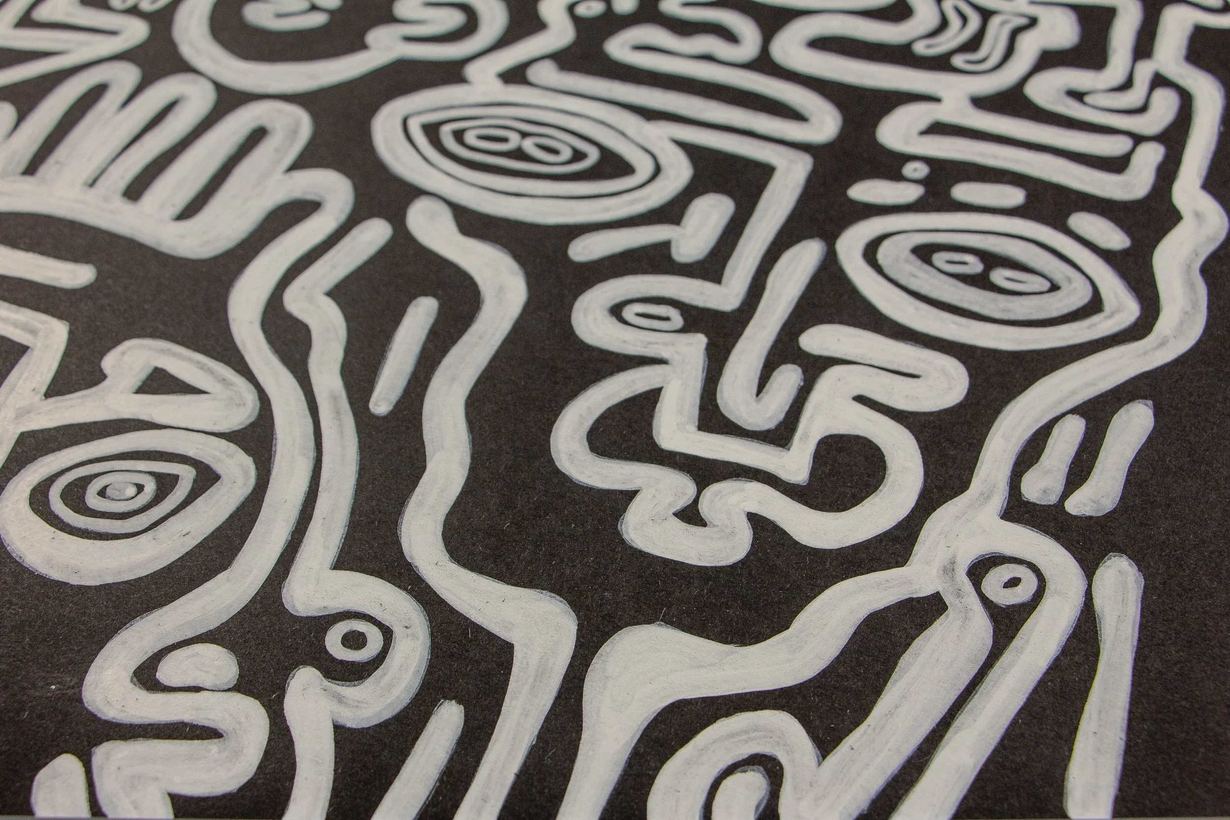 Turbulent Aegis 003 detail: angled close-up of interconnected abstract figures and facial profiles, highlighting the movement of the white contours and the layered structure of the composition.