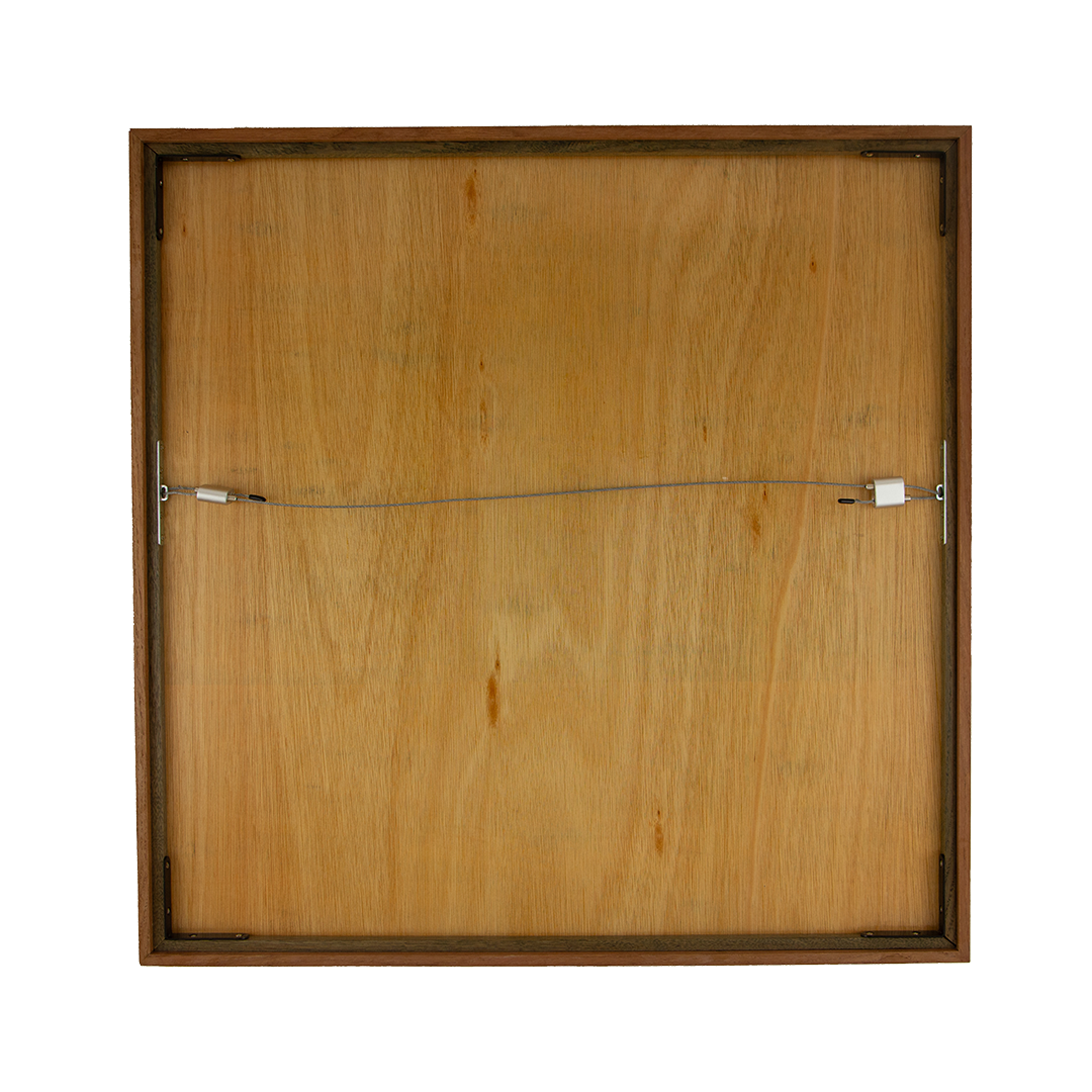 Resonant Syntax 002; black ink on paper; layered mahogany-and-oak frame in a mint, blue, and pink sequence.