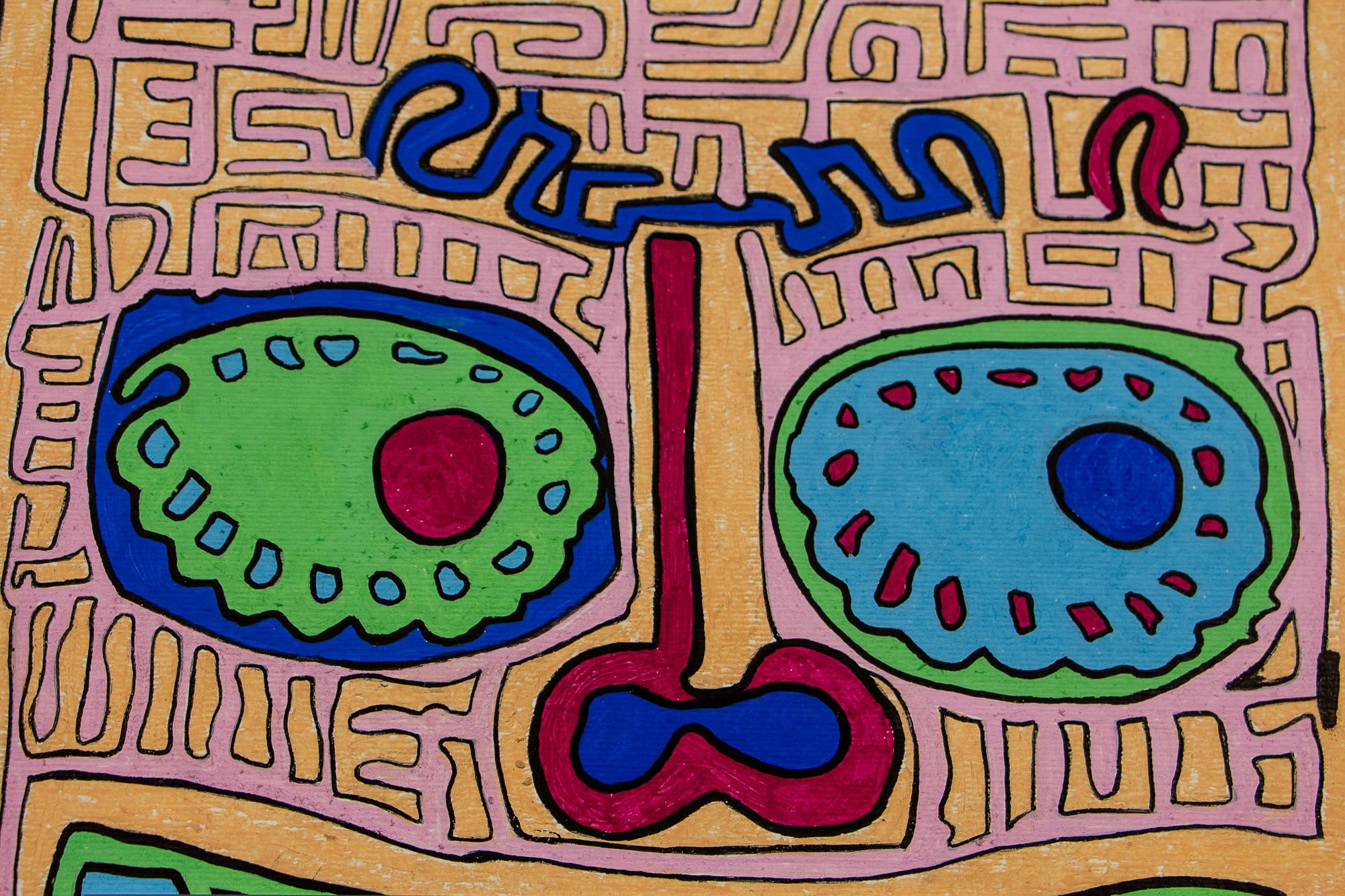 Unseen Signifiers 004 detail: near full close-up of the face, with large green and blue eyes, a magenta-and-blue nose, and maze-like pink structures spreading across the peach-toned ground.