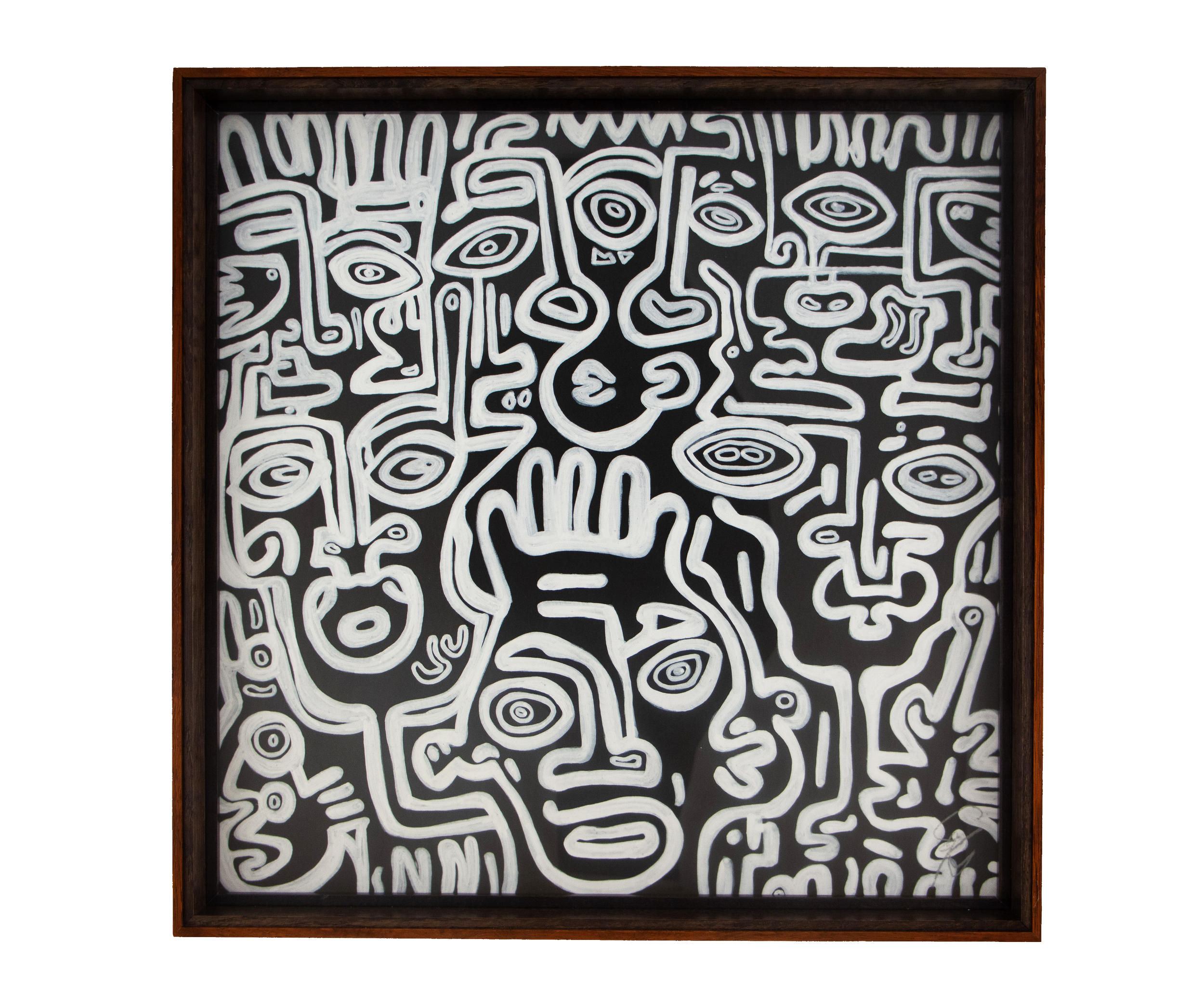 A crowned central figure appears among clustered faces, spiral eyes, and flowing contours. Turbulent Aegis 003; white linework on dark wood; warm layered wooden frame with dark accents.