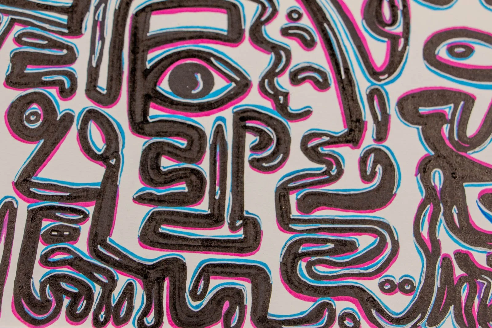 Silence’s Caesura 003 detail: single large eye with concentric rings; an L-shaped path hooking underneath; clear cyan/pink shadow