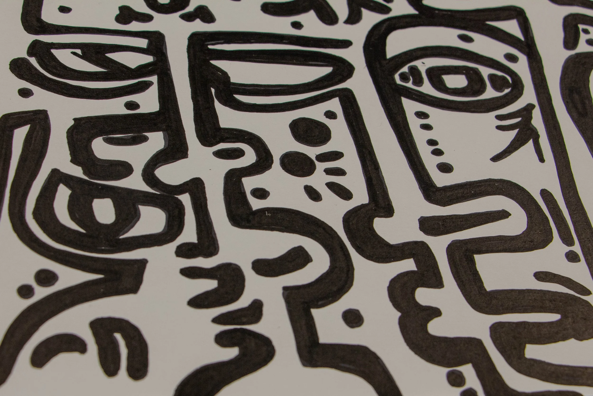 Formless Equation 001 detail: side profile cluster with sunburst cheek dots and curved nose lines, expressive black ink on paper