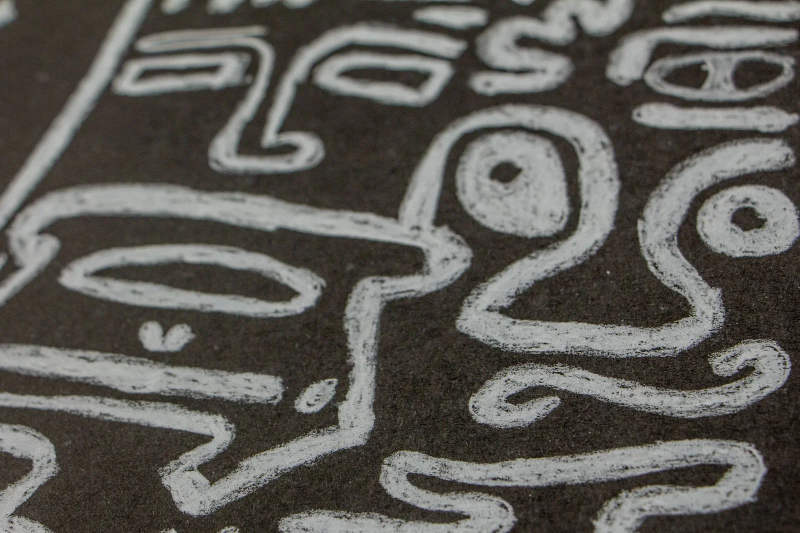 Synaptic Mythos 002 detail: close on the face, arched lids, bar-like mouth with bead teeth, and three teardrops; faint smudging around strokes