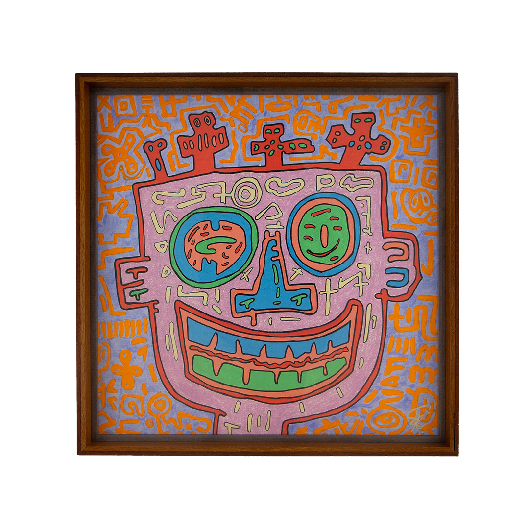 The reading here feels especially unstable and layered, with surprise, tension, and vulnerability all present within the same shifting expression. Unseen Signifiers: Artwork 010; framed colorful artwork