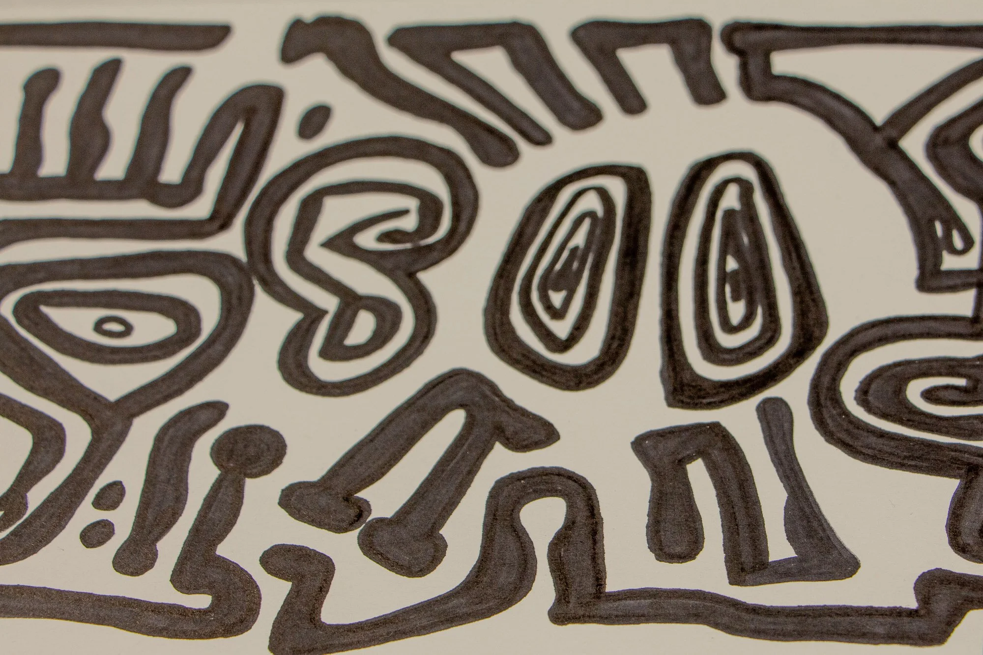 Veiled Alchemist 004 detail: upper central close-up featuring two elongated eye-like shapes, radiating marks, and clustered abstract symbols that intensify the layered, inward tension of the composition.