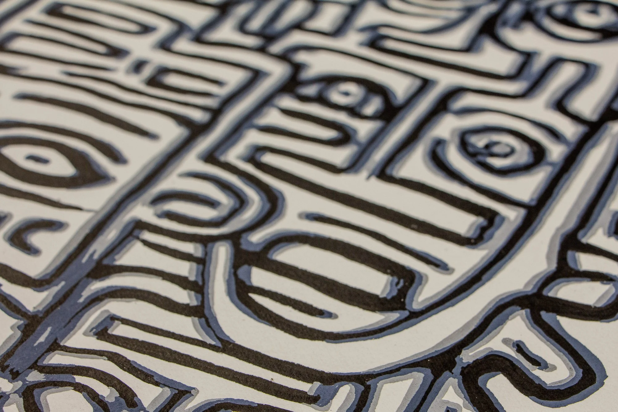 Luminous Parallax 003 detail: close-up of a hooded face with a third eye and pale gaze, set beside radiant marks and dense blocks that suggest both thought and signal.