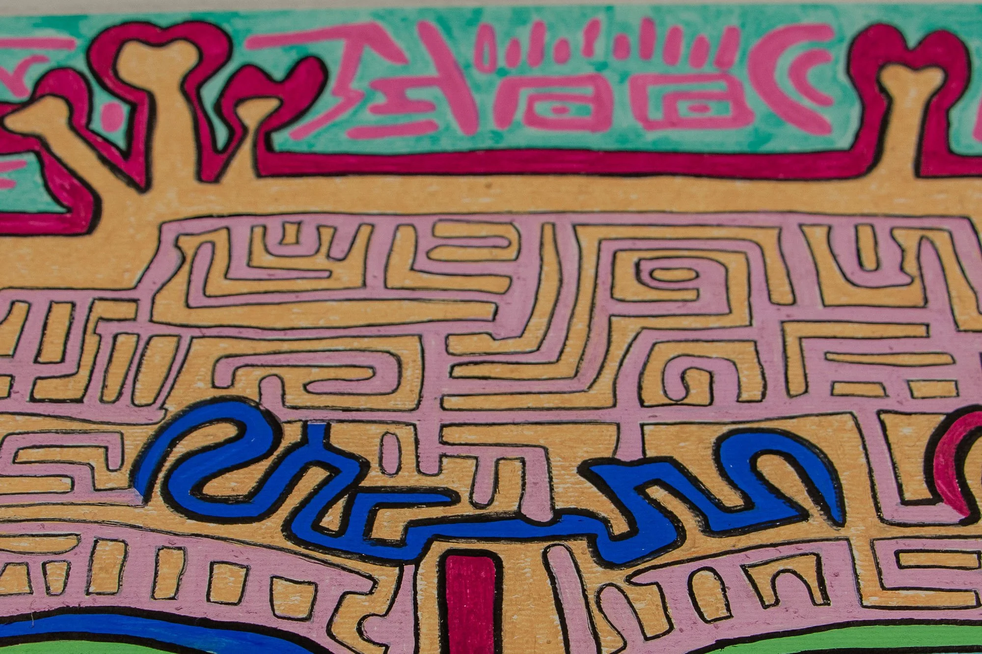 Unseen Signifiers 004 detail: upper section of the composition, where pink labyrinth-like lines, a blue linear form, and a magenta-turquoise upper band rise above the face.