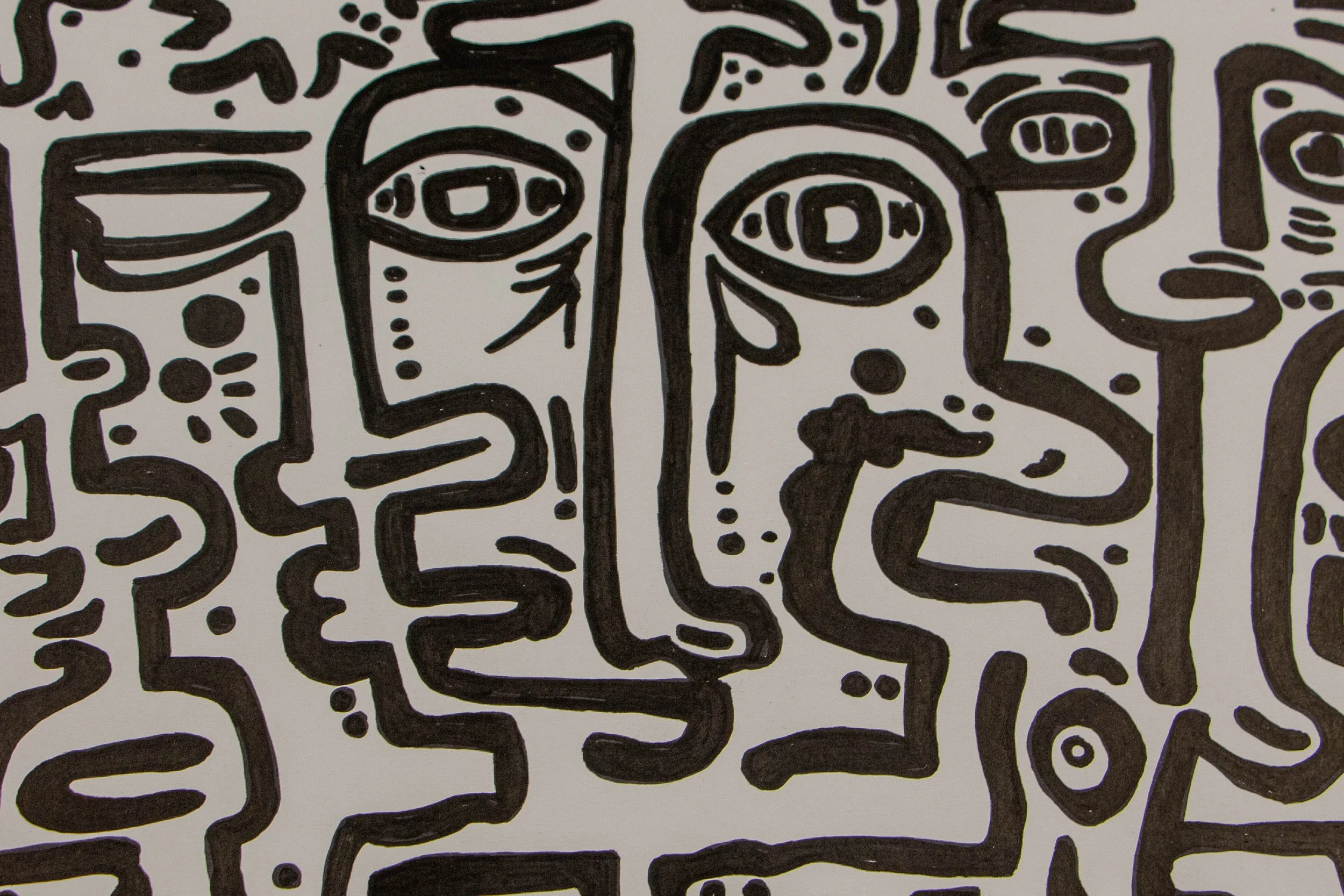 Formless Equation 001 detail: twin abstract faces with dotted accents and tear motif, bold black ink lines on textured paper