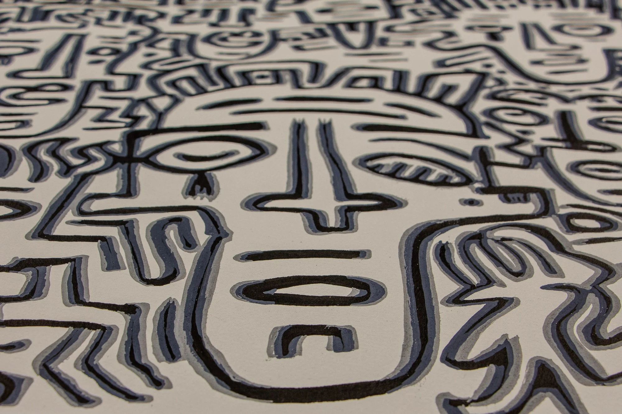 Luminous Parallax 004 detail: frontal close-up of a central face with asymmetrical eyes and a quiet, mask-like expression, surrounded by shifting contour forms that suggest multiple readings at once.