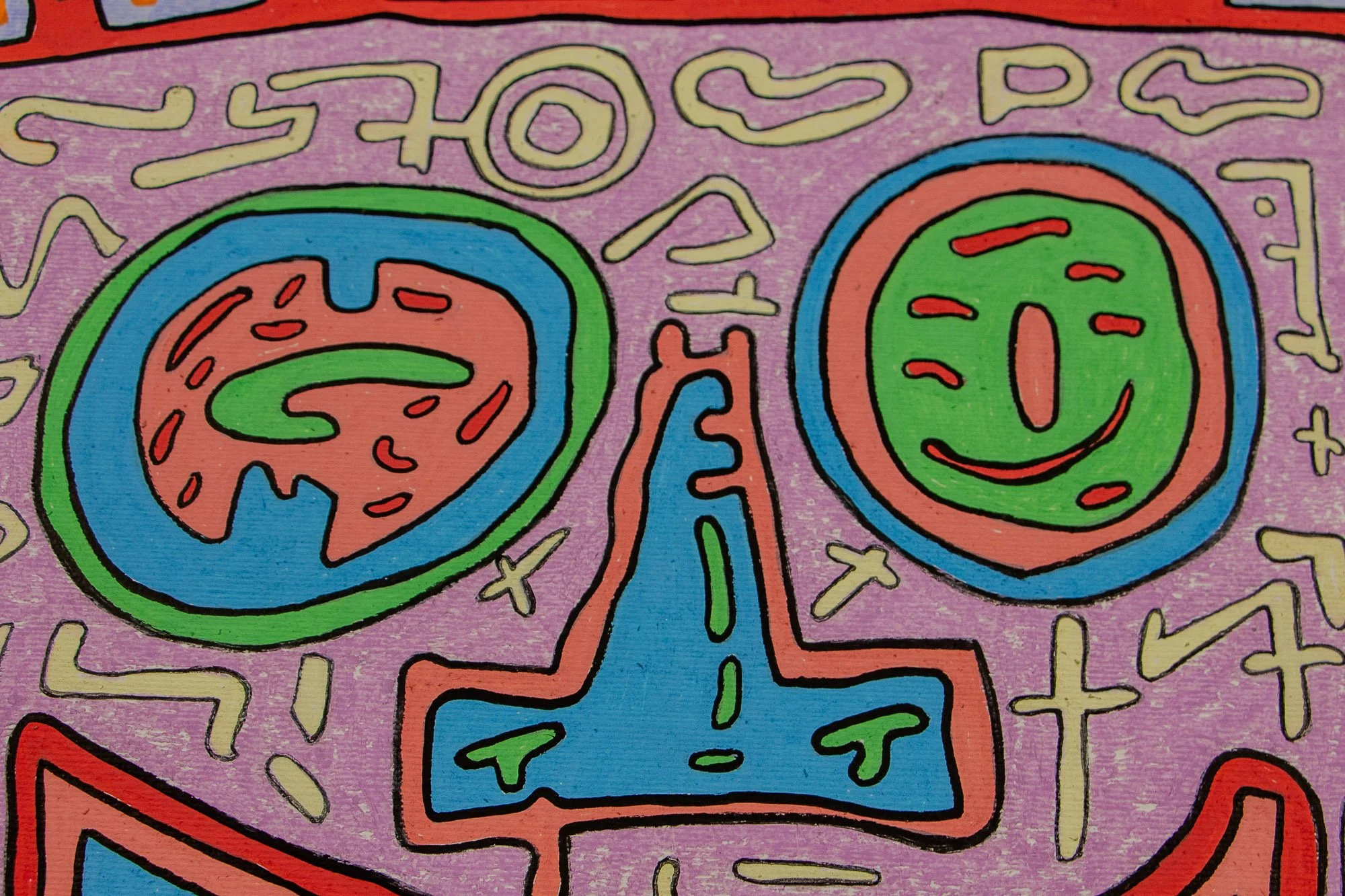 Unseen Signifiers 010 artwork detail: close-up of the central face, focusing on the two circular eyes, the elongated blue nose, and the pale symbolic markings across the lavender field.