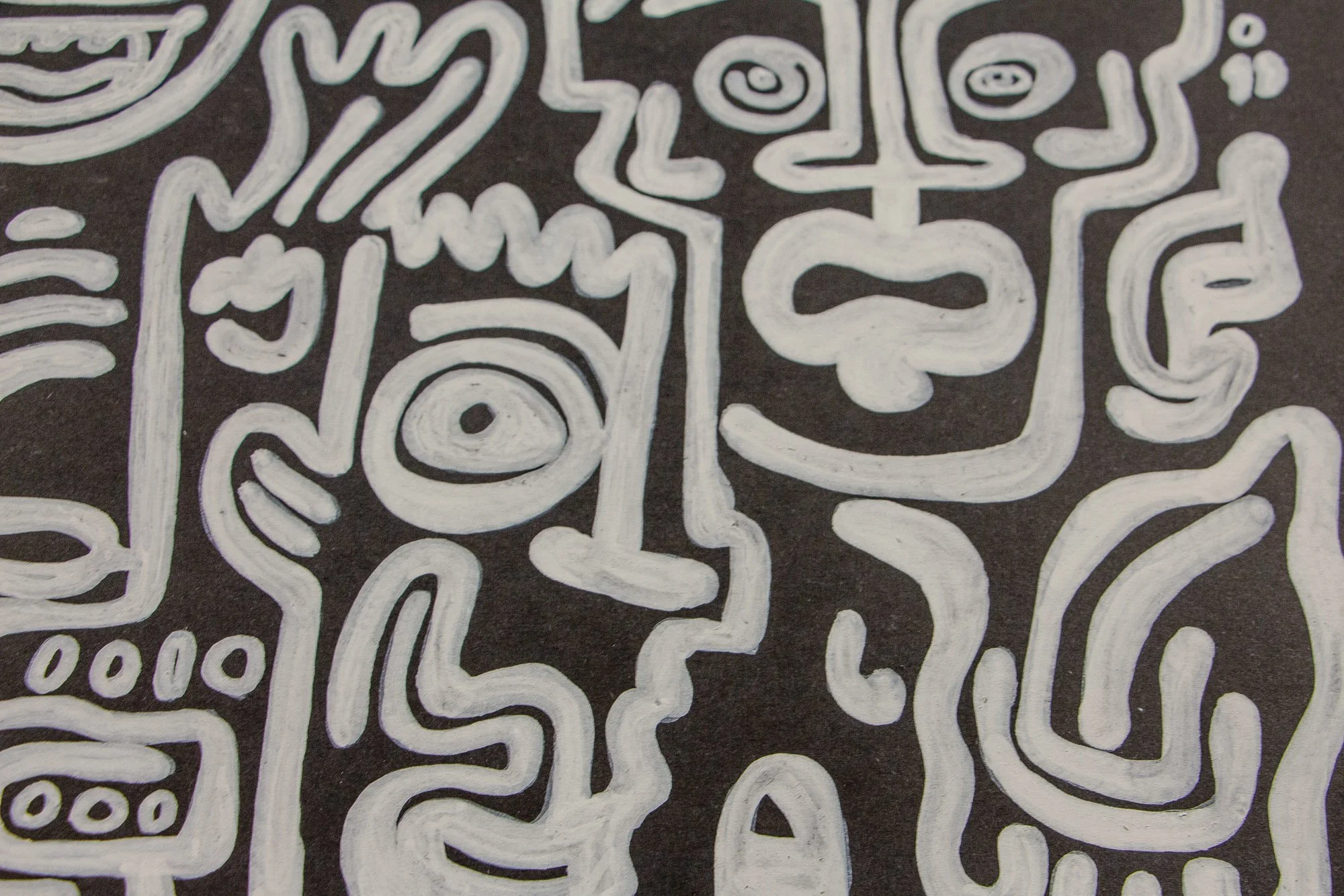 Turbulent Aegis 001 artwork detail: close-up of clustered white-lined figures and facial fragments on a dark surface, showing how multiple presences coexist within one structured field.